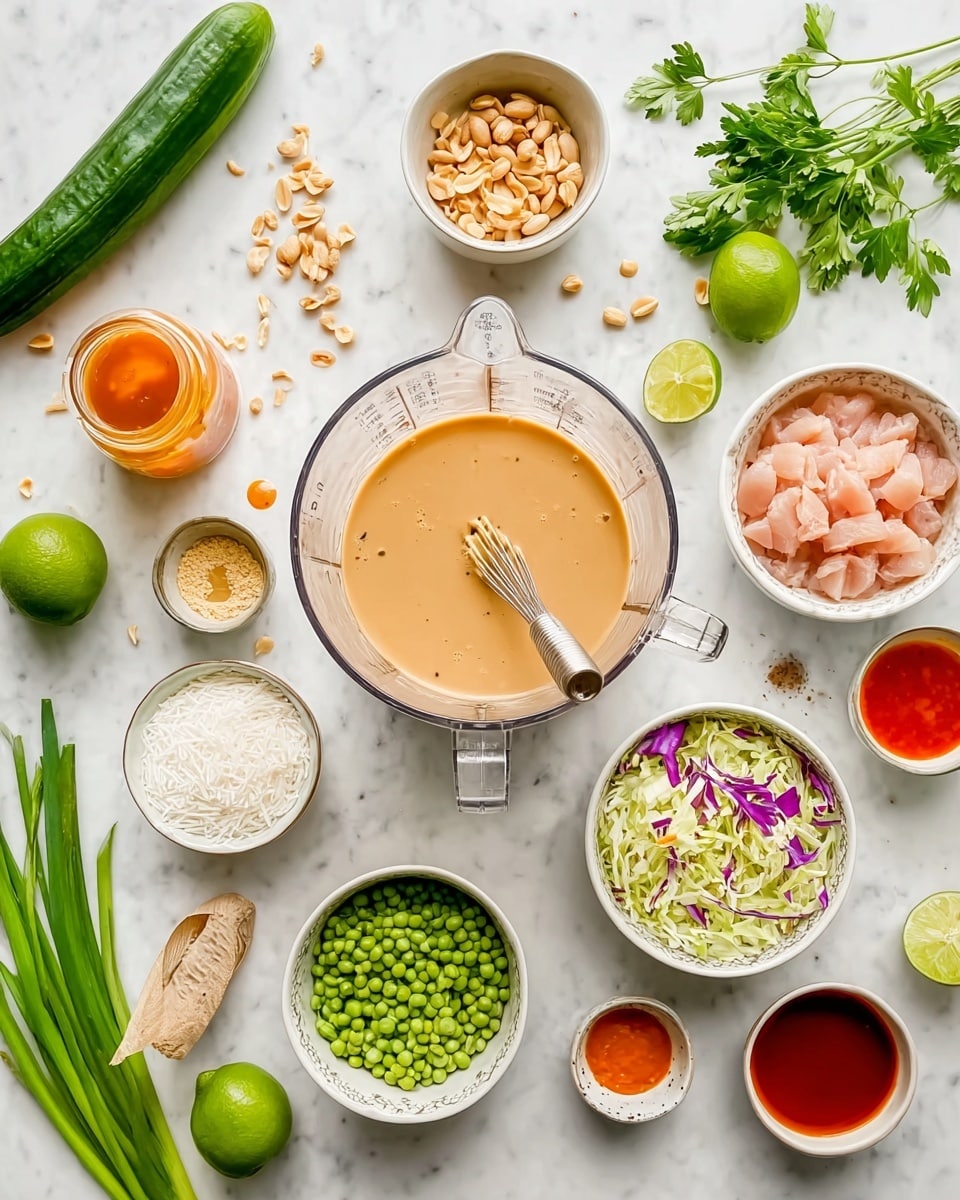 The image shows a top view of a white marbled surface with various small white bowls and items arranged neatly around a large clear glass measuring cup filled with a creamy light brown sauce with a small whisk inside. To the left, there is a long green cucumber, a small jar of peanuts, a small bottle of orange-yellow spice, a bowl of white shredded coconut, a bowl of chopped raw pale pink chicken, a bowl of green split peas, and a bowl of mixed shredded cabbage with purple and white pieces. There are also several green onions and fresh parsley leaves scattered around, along with a whole lime near the top center of the image. Small bowls of reddish hot sauce, sweet orange sauce, and vinegar are placed on the right side of the measuring cup. Everything is placed on the white marbled surface. Photo taken with an iphone --ar 4:5 --v 7