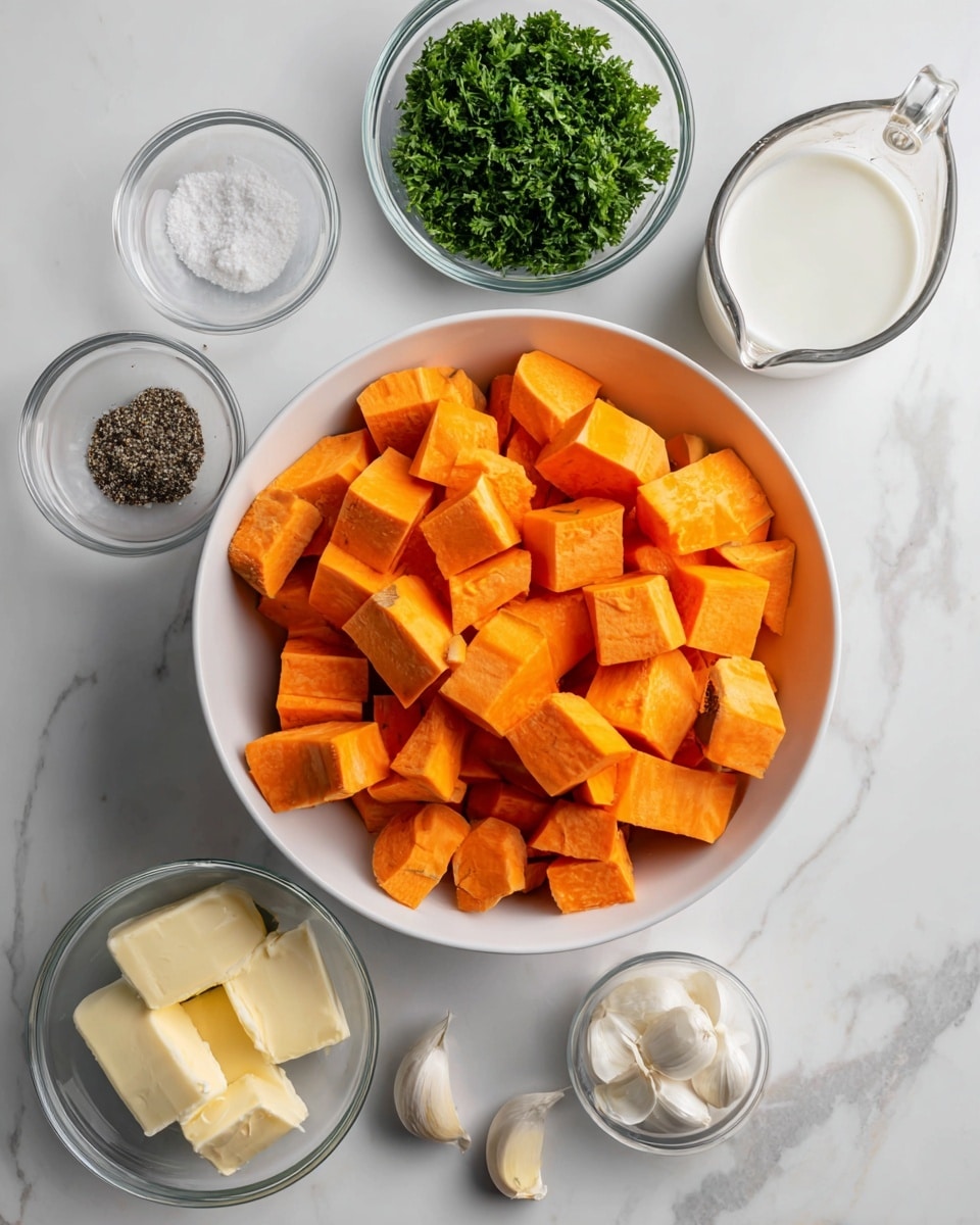 A top-down view of a white bowl filled with large orange cubes of sweet potatoes in the center, surrounded by small clear glass bowls placed on a white marbled surface, each holding different ingredients: finely chopped green parsley in one bowl at the top right, white vegan milk in a clear glass measuring cup next to it, white salt and black pepper mixed together in a small round bowl below, pale yellow vegan butter pieces in another small bowl below the salt and pepper, and two peeled white garlic cloves in a tiny bowl at the bottom right. photo taken with an iphone --ar 4:5 --v 7
