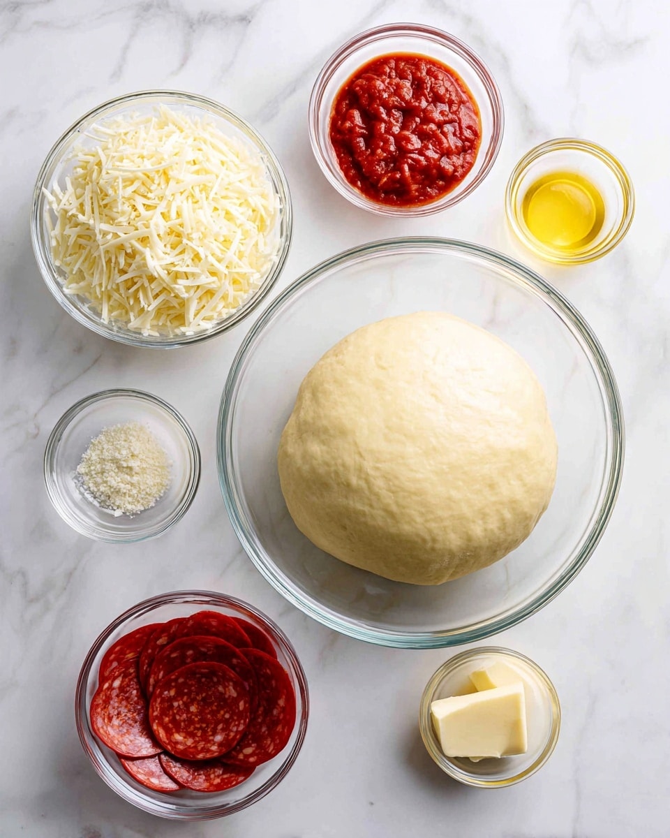 A clear glass bowl holds a smooth ball of pale yellow pizza dough placed on a white marbled surface. Around it, there are six small clear glass bowls arranged loosely in a circle, each holding a different ingredient: finely shredded white mozzarella cheese, a bright red thick pizza sauce, light yellow grated parmesan cheese, a stack of shiny deep red pepperoni slices, a pale yellow melted butter, and a small amount of light beige garlic salt granules. All bowls contrast cleanly with the white marbled background, creating a clear and ordered layout. Photo taken with an iphone --ar 4:5 --v 7