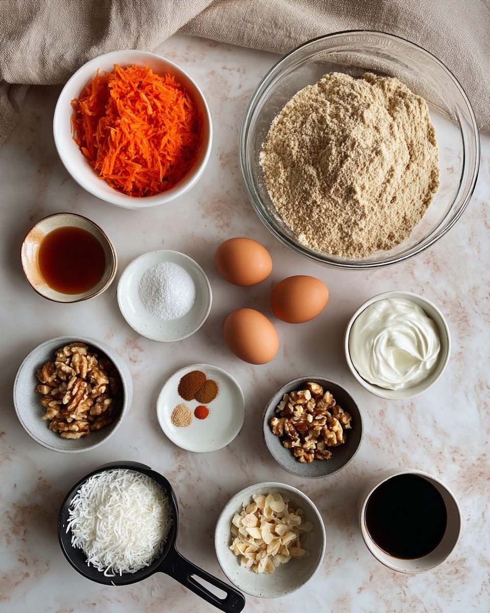 The image shows a variety of baking ingredients arranged on a white marbled surface. In the top right, a large clear glass bowl holds a light brown, crumbly flour mixture. To its left, a white bowl is filled with bright orange grated carrots. Below the flour, there are three brown eggs placed closely together. Next to the eggs, a small white plate holds a few light brown and white spices in powder form. A small gray bowl contains thick white yogurt or cream. Below the spices, there is a small white ramekin filled with a dark amber liquid. A black measuring cup filled with white shredded coconut rests near the bottom left. Nearby is a small gray bowl containing chopped nuts. There is also a small white bowl with what looks like apple sauce or a light beige paste, and a white cup with black coffee along the bottom right. A beige cloth is loosely placed near the top left corner. Photo taken with an iphone --ar 4:5 --v 7