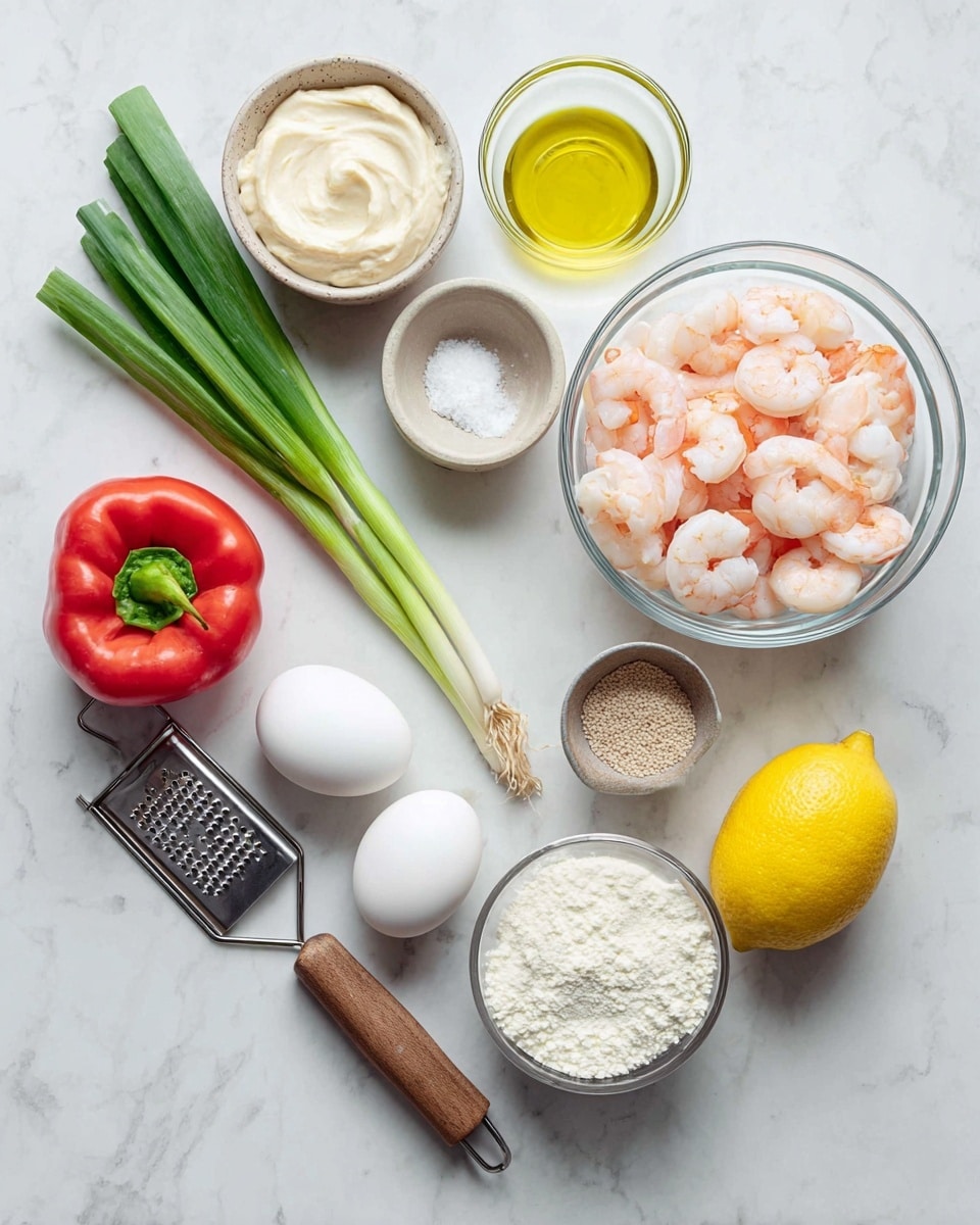The image shows a flat lay of fresh ingredients on a white marbled surface, including a clear bowl filled with pink and white cooked shrimp at the top right, a small glass with yellow olive oil above it, and a small white bowl with white salt beside the shrimp. To the left is a small brown bowl with beige mayonnaise, two whole white eggs, and green onions with long green and pale yellow stalks running diagonally across the frame. A shiny silver grater with a wooden handle lays at the bottom left. In the center is a bright red bell pepper with a green stem, a whole yellow lemon, and next to the lemon is a small metal cup filled with white almond flour. Near the shrimp is a small brown pepper shaker and a clear bowl filled with white sour cream. The overall look is clean, fresh, and colorful with all items placed on a white marbled surface photo taken with an iphone --ar 4:5 --v 7