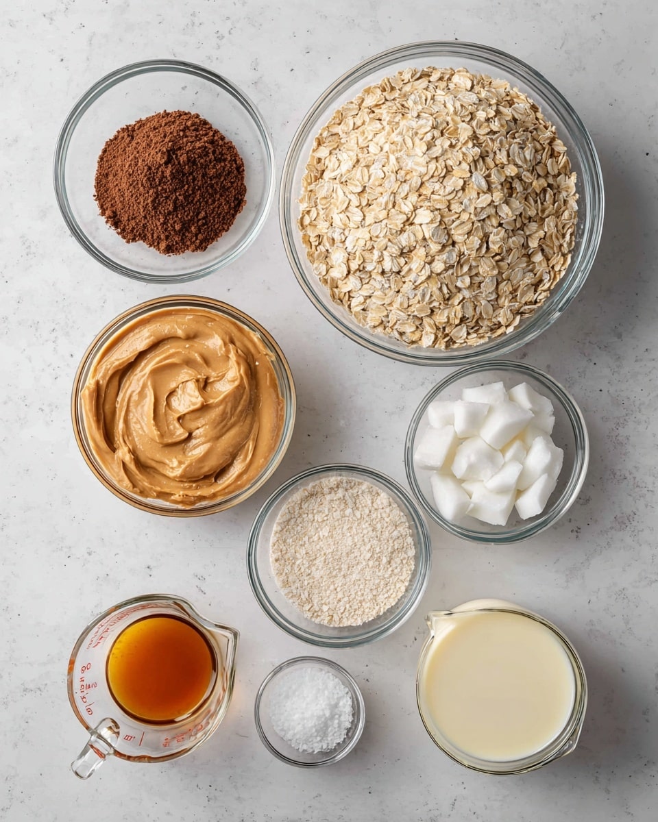 The image shows eight clear glass bowls and a measuring cup arranged on a white marbled surface. The top right has a large bowl filled with light beige rolled oats. To the left, a large bowl holds pale golden granulated sugar. Below the oats is a medium bowl with a smooth, creamy peanut butter in a light brown color. To its left is a small bowl with dark brown cocoa powder. To the right of peanut butter, a medium bowl contains white solid coconut oil. Below that is a small bowl with fine white salt. Next to the salt is a clear measuring cup holding a small amount of light yellow milk. In the bottom left corner, a small bowl has golden brown vanilla extract. All bowls are clear glass and the background is white marble texture, photo taken with an iphone --ar 4:5 --v 7