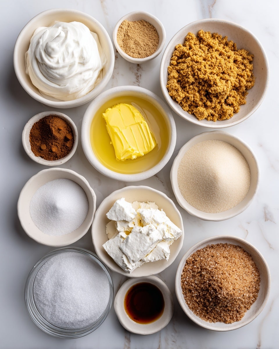The image shows several small white bowls placed on a white marbled surface, each holding a different ingredient. Starting from the top left and moving clockwise, there is a bowl with thick white full-fat coconut cream, a bowl with smooth vegan cream cheese, a bowl filled with fine golden brown crumbly graham cracker or digestive biscuit crumbs, a bowl holding bright yellow vegan melted butter, a small bowl with dark brown vanilla extract, a small bowl with white cornstarch powder, a small bowl with pale yellow lemon juice, a small bowl containing fine ground cinnamon which is light brown, a small bowl with light beige all-purpose flour, a small bowl with snowy white powdered sugar, a bowl filled with coarse dark brown sugar crystals, a very small glass bowl holding white sea salt, and finally a bowl with granulated light brown sugar. Each ingredient is labeled with black text on a light purple rectangular background above or near the bowl. photo taken with an iphone --ar 4:5 --v 7