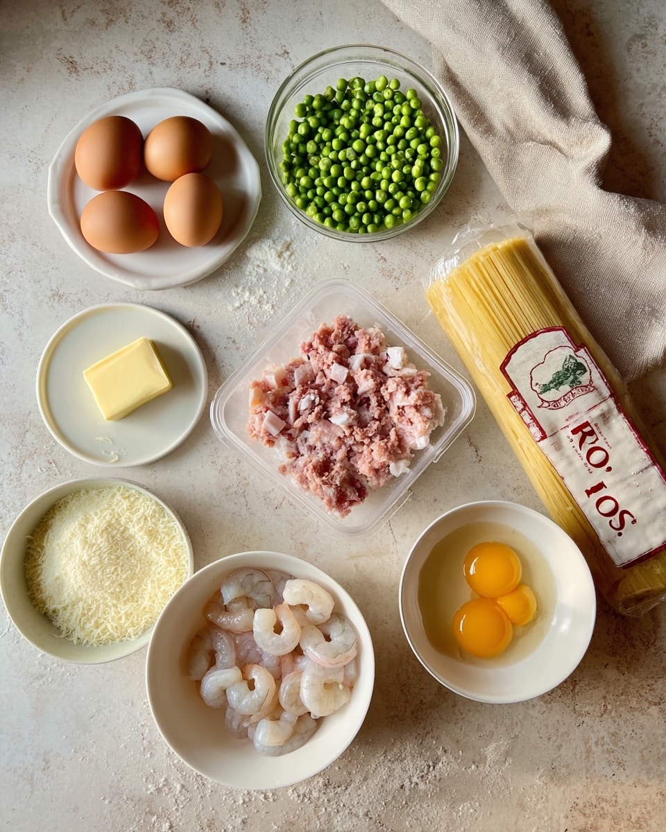 A flat white marbled surface holds several cooking ingredients neatly placed. On the top left, there are three brown eggs set closely together, below them is a small white plate with a square of yellow butter. Next to the butter is a clear plastic container filled with small pieces of pink and white chopped meat. In the middle top, a white bowl contains green peas, while to the right of it a white bowl with pieces of white and pink shrimp sits partially cut off. Below the peas, a white bowl filled with grated white cheese is visible, and in the bottom right corner is a small white bowl holding two bright yellow egg yolks. Towards the top right side is a pack of dried spaghetti wrapped in a white and red label marked