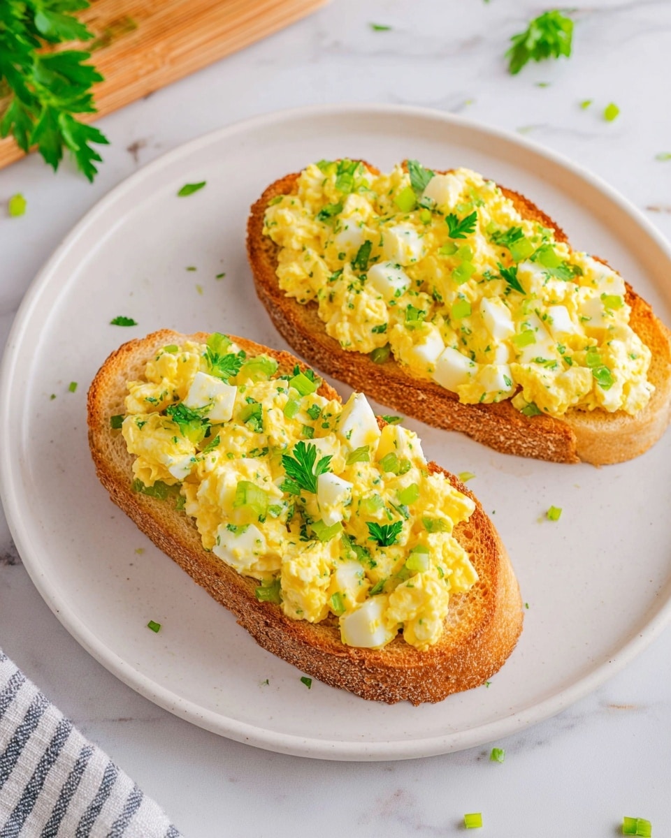 The image shows two pieces of toasted golden-brown bread on a white plate, each topped with a chunky egg salad. The egg salad layers are made from yellow yolk pieces, white egg chunks, and small green bits that look like celery or herbs, scattered evenly on top. Bright green parsley leaves are sprinkled over the egg salad, adding a fresh touch. The plate is set against a white marbled surface with small green garnish pieces and part of a wooden board and a striped cloth visible around the edges. Photo taken with an iphone --ar 4:5 --v 7