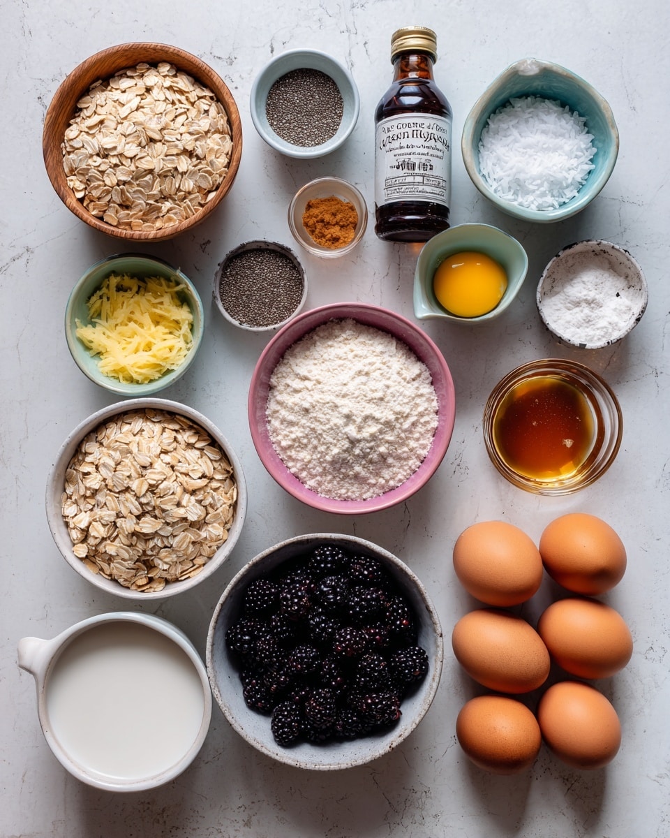 The image shows an arrangement of various baking ingredients on a white marbled surface. There is a white bowl filled with old fashioned oats at the bottom left, next to a gray bowl full of blackberries in the bottom center. Above the blackberries is a pink bowl with sliced almonds, and to the left of that is a white bowl with unsweetened toasted shredded coconut. At the top left are two small bowls, one wooden with kosher salt and one gray with baking powder. Nearby is a blue bowl holding white coconut oil, and next to it is a small white bowl containing lemon zest. A small white bowl of chia seeds is placed near the center. On the right side are a clear glass bottle labeled vanilla extract, a small clear cup holding maple syrup, and a larger clear measuring cup filled with unsweetened almond milk. To the right top, a white container holds large eggs in different natural colors. A cinnamon bottle is also placed near the oats bowl. All items are neatly spaced and clearly labeled with black and white text. photo taken with an iphone --ar 4:5 --v 7