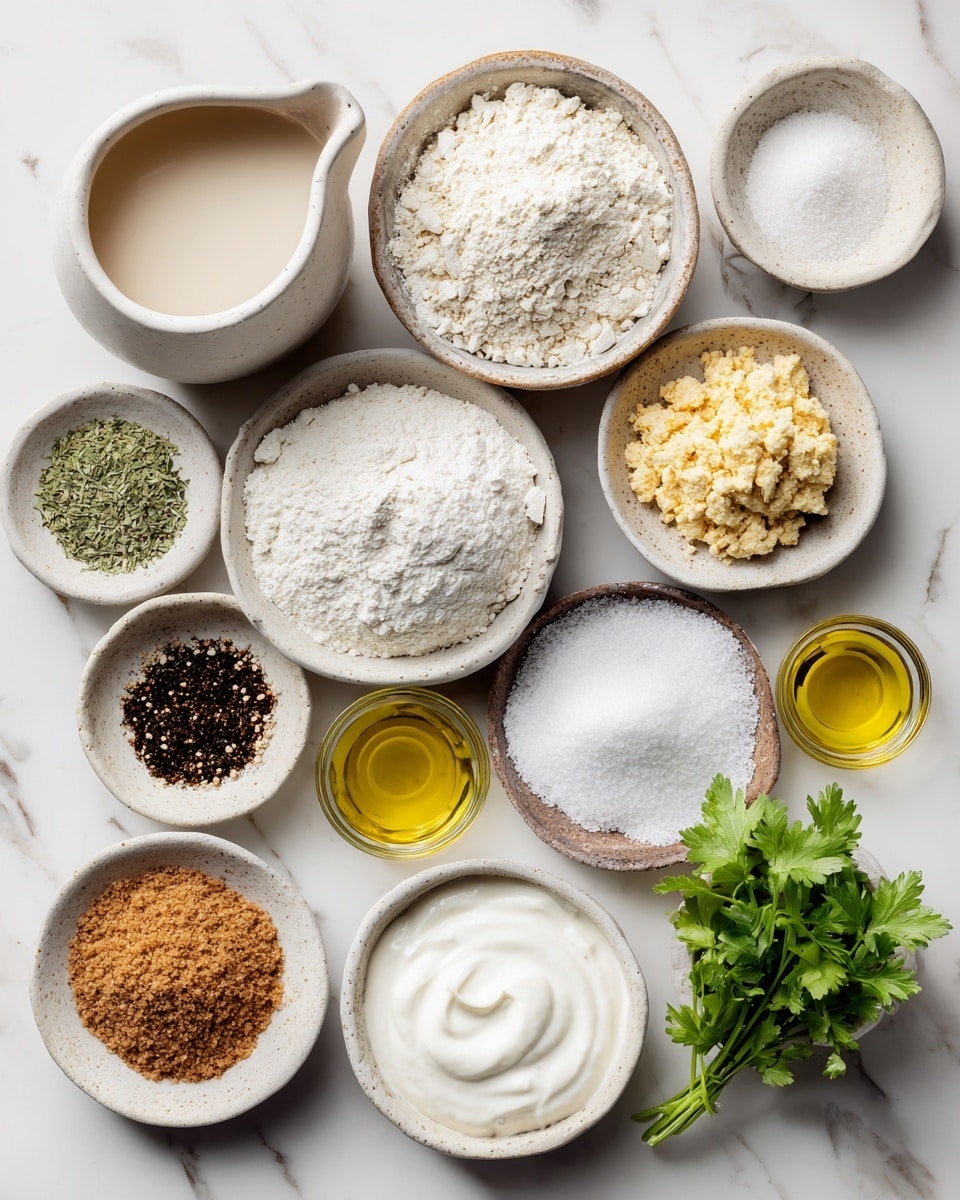 The image shows 14 white round and oval bowls and a white jug, all placed on a white marbled surface. Each bowl has a different ingredient with clear texture: a beige liquid in the jug labeled plant-based milk; pure white powder in a bowl labeled white rice flour; light yellow crumbly pieces in a bowl labeled vegan parmesan cheese; light brown powder in a bowl labeled brown rice flour; smooth white powder in a bowl labeled potato starch; golden brown sugar in a small bowl labeled brown sugar or coconut sugar; fine off-white powder in a bowl labeled xanthan gum; fine light tan powder in a bowl labeled whole psyllium husk; coarsely ground black, white, and brown spices in an oval bowl labeled garlic powder, sea salt, ground black pepper; white fluffy powder in a small bowl labeled baking powder; yellow oil in a small bowl labeled olive oil; tiny brown granules in a bowl labeled instant yeast; bright green leafy herbs in a small jar labeled parsley or cilantro; thick white creamy yogurt in a bowl labeled vegan greek yogurt. Each ingredient is separated and neatly arranged, the whole setup is clean and bright. photo taken with an iphone --ar 4:5 --v 7