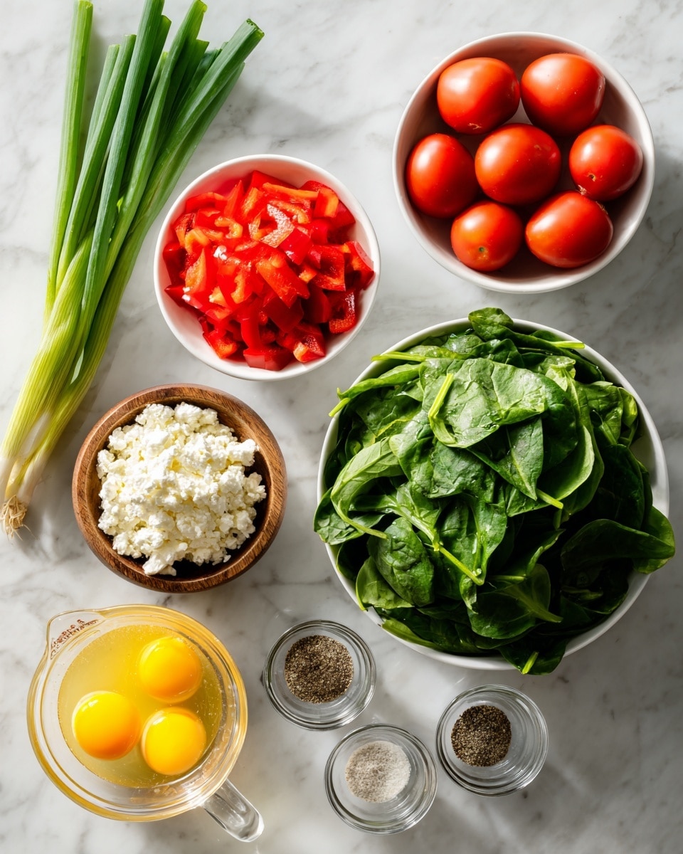 The image shows several ingredients neatly arranged on a white marbled surface. There are two green onions lying vertically on the left side. Above them, a white bowl holds bright red, chopped bell peppers, and to the right, another white bowl contains a group of shiny red grape tomatoes. Near the bottom left, a clear measuring cup filled with yellow egg whites is placed. In the center, a white bowl is filled with fresh, dark green baby spinach leaves. To the right, a tall green bottle of avocado oil stands upright. A small wooden bowl filled with crumbly white feta cheese is placed near the top left of the spinach. At the bottom center, three small glass containers hold garlic powder, Italian seasoning, and salt & pepper, arranged from left to right. All items are on the white marbled surface with bright, natural lighting. Photo taken with an iphone --ar 4:5 --v 7