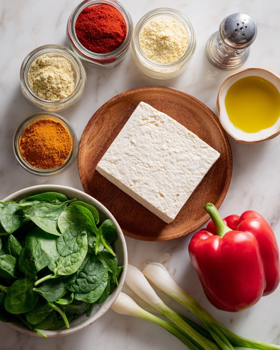 The image shows various cooking ingredients laid out on a white marbled surface. At the top, there are five glass spice jars filled with colorful powders: chili powder in deep red, smoked paprika in a slightly lighter red, turmeric in bright yellow, nutritional yeast in a pale yellow, and garlic powder in a light beige. Below and slightly to the left, a block of firm tofu is placed on a round wooden plate, showing its white, slightly textured surface. To the right of the tofu, there is a small white bowl filled with golden olive oil, and beside it, a clear pepper grinder with salt and pepper inside. On the right side, a vibrant red bell pepper rests next to a bunch of fresh green onions showing white bases and green tops. At the bottom left, a white bowl is overflowing with fresh dark green baby spinach leaves, adding a leafy texture to the scene. photo taken with an iphone --ar 4:5 --v 7