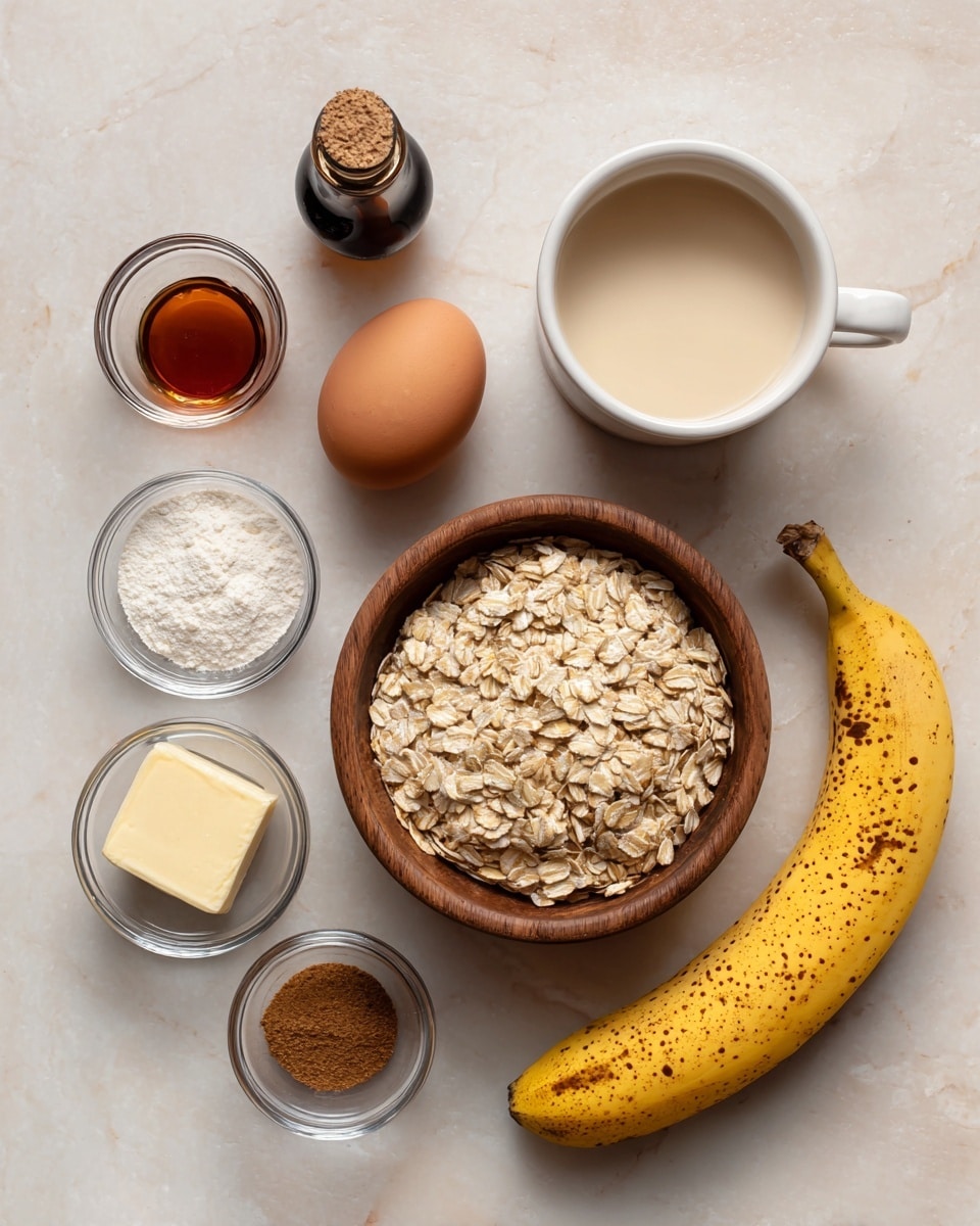 The image shows a top view of ingredients on a white marbled surface, including a round wooden bowl full of light brown rolled oats placed near the center. To the right of the bowl is a ripe yellow banana with brown spots. Above the banana is a white cup filled with a light beige liquid. Next to the cup is a brown egg and a small clear glass container with a dark amber liquid inside. On the left side of the oats bowl, there is a red and white can of baking powder, a small dark bowl with a square piece of light cream butter, and three glass jars with silver lids containing cinnamon powder, salt, and vanilla extract. The dark glass vanilla extract bottle is on the far left. Photo taken with an iphone --ar 4:5 --v 7