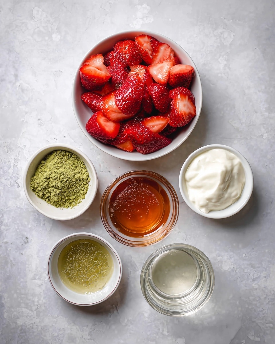 A top-down view of six small white bowls arranged on a white marbled surface, each containing different ingredients; the top center bowl is filled with bright red, fresh sliced strawberries with juicy and glossy textures, below it bowls hold a golden amber liquid with bubbles, a small amount of fine bright green powder, creamy white thick liquid, pure white liquid, and clear sparkling water respectively. photo taken with an iphone --ar 4:5 --v 7