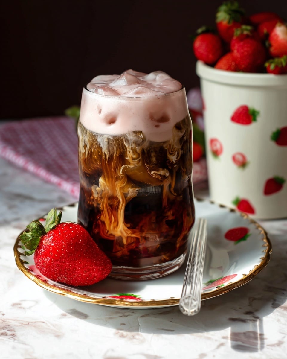 A tall, curvy glass filled with dark iced coffee with visible ice cubes forms the bottom two layers, showing fluid swirling textures where the coffee mixes with cream. The top layer is thick and creamy, frothy pink, sitting smoothly above the coffee, slightly spilling down the sides of the glass. The glass sits on a white plate with a gold rim decorated with small red strawberry images. Nearby, a small white strawberry-patterned container holds bright red strawberries, while one strawberry is placed cut in half on the white marbled surface next to the plate. A clear twisted straw rests on the plate beside the glass. Photo taken with an iphone --ar 4:5 --v 7