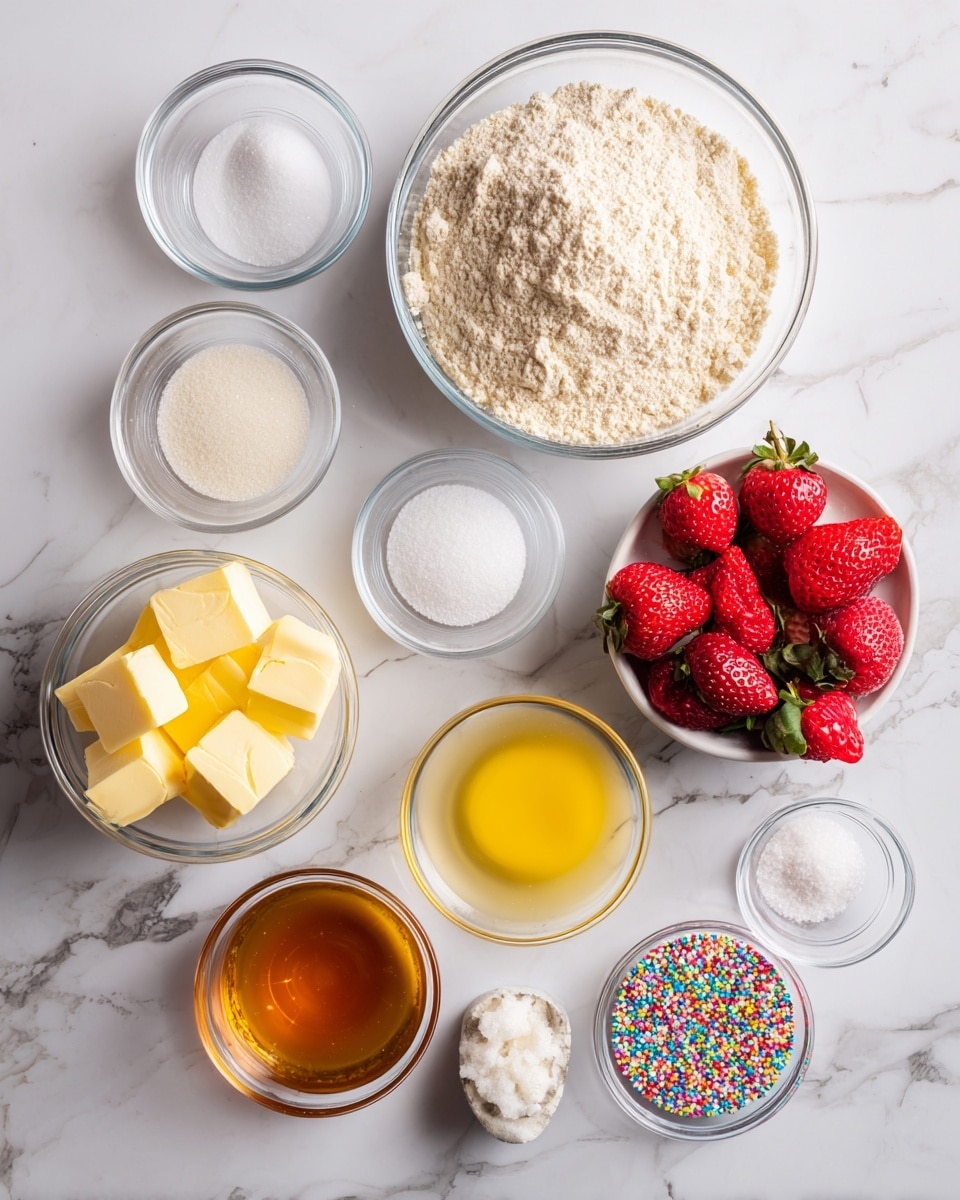 The image shows multiple ingredients arranged on a white marbled surface. At the top center, there is a large clear glass bowl filled with light tan flour. To the left and slightly below it, a smaller clear glass bowl contains bright yellow cubes of butter. Next to the butter bowl are two tiny transparent bowls, one with white granulated sugar and another with clear water. Near the top left, there is a small clear bowl with a white powder labeled salt and just below it, a white bowl filled with powdered sugar. Toward the bottom right, a white bowl holds many fresh red strawberries with some cut in half. Close to the strawberries, three tiny clear glass bowls hold light yellow lemon juice, amber honey, and creamy milk. On the far right beside these bowls, there is a small pile of colorful sprinkles scattered on the marble surface. The colors are clear and vibrant, arranged neatly in groups. photo taken with an iphone --ar 4:5 --v 7