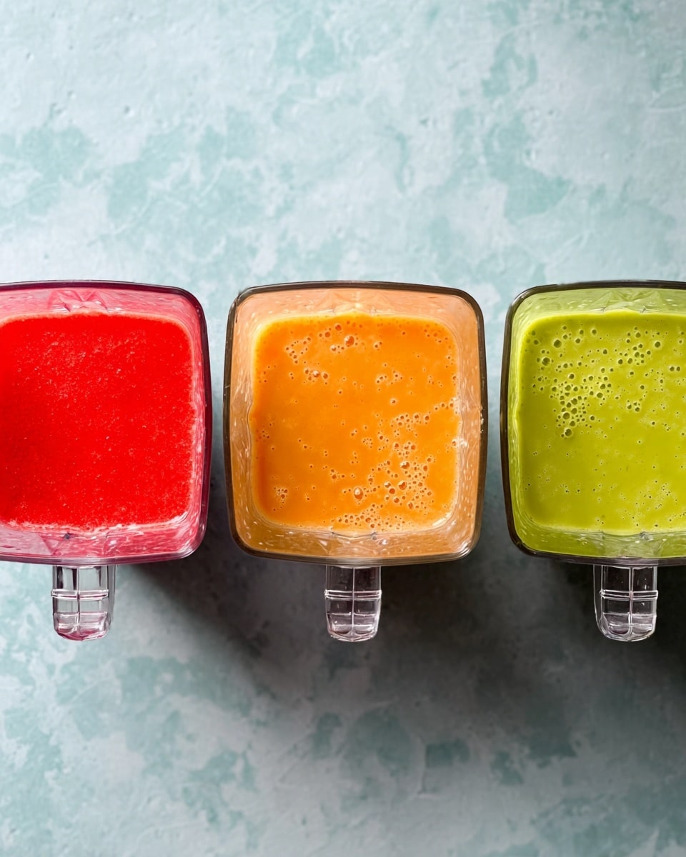The image shows three clear square blenders placed side by side on a white marbled surface. Each blender holds a different smooth sauce or puree, all with some small bubbles on the surface. The first one on the left contains a bright red sauce with a shiny, semi-liquid texture. The middle blender is filled with an orange sauce of the same texture, also shiny and smooth with bubbles. The third blender on the right holds a green sauce, smooth and thick with tiny visible bubbles. All three blenders have clear handles and are evenly lit from above. photo taken with an iphone --ar 4:5 --v 7