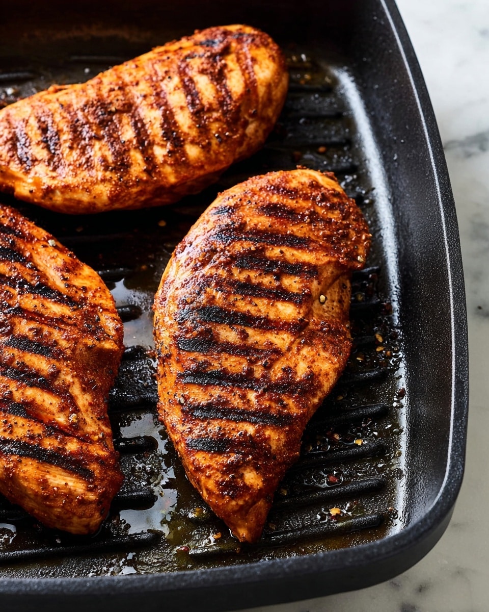 Three browned grilled pieces of seasoned chicken with dark grill marks lie close together in a black cast iron grill pan. The chicken has a shiny, slightly oily texture with a mixture of reddish-orange and brown colors from the spices and charring. The pan shows some oil droplets and grill ridges that create lines across each piece. The scene is set on a white marbled surface. photo taken with an iphone --ar 4:5 --v 7