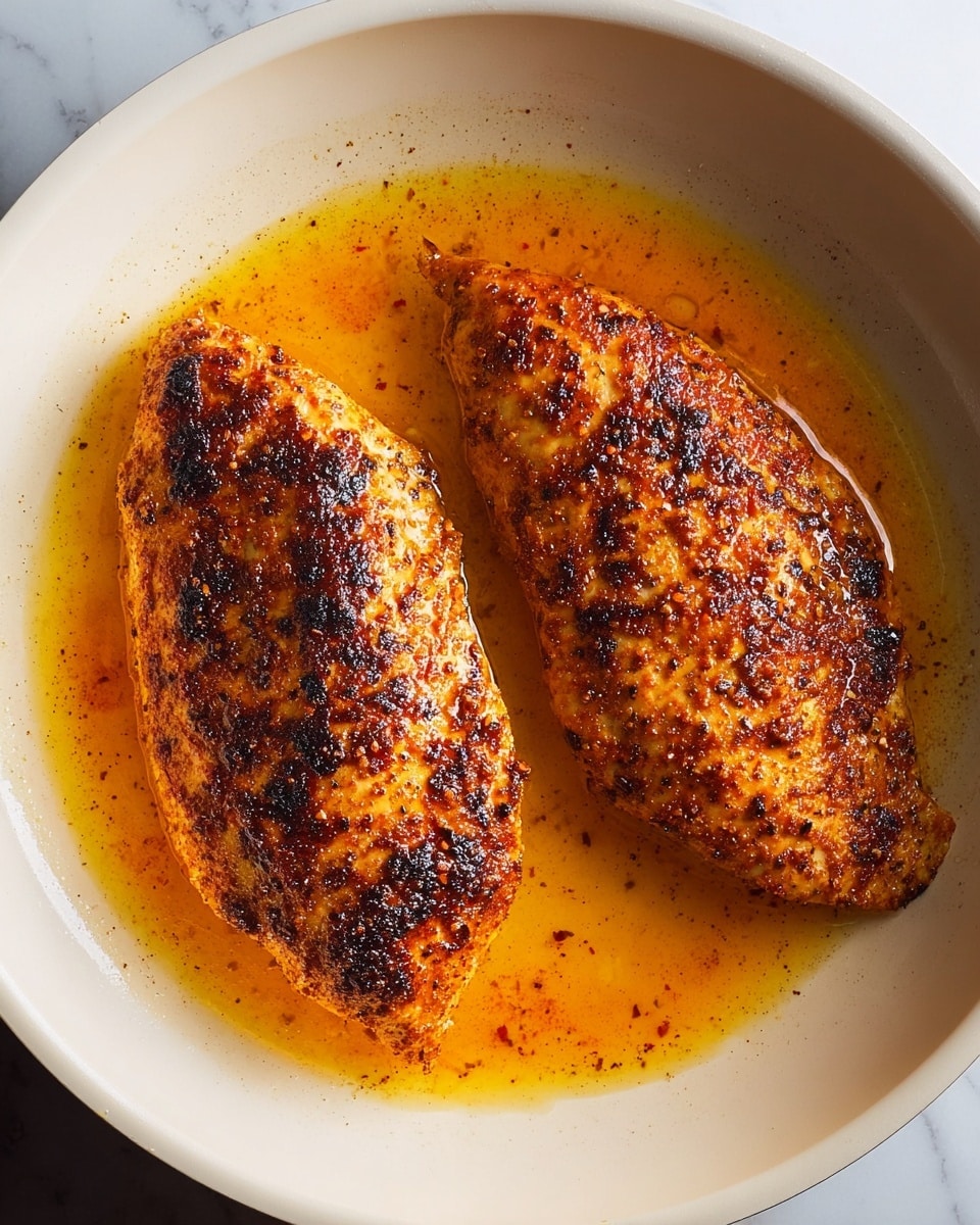 Two cooked, golden brown pieces of seasoned chicken lie flat in a white pan filled with orange-colored cooking oil. The chicken has dark brown crispy spots all over its surface, showing a well-cooked texture. The pan has a smooth, clean inside with slight oil splashes, and the photo is taken from above on a white marbled texture surface. photo taken with an iphone --ar 4:5 --v 7
