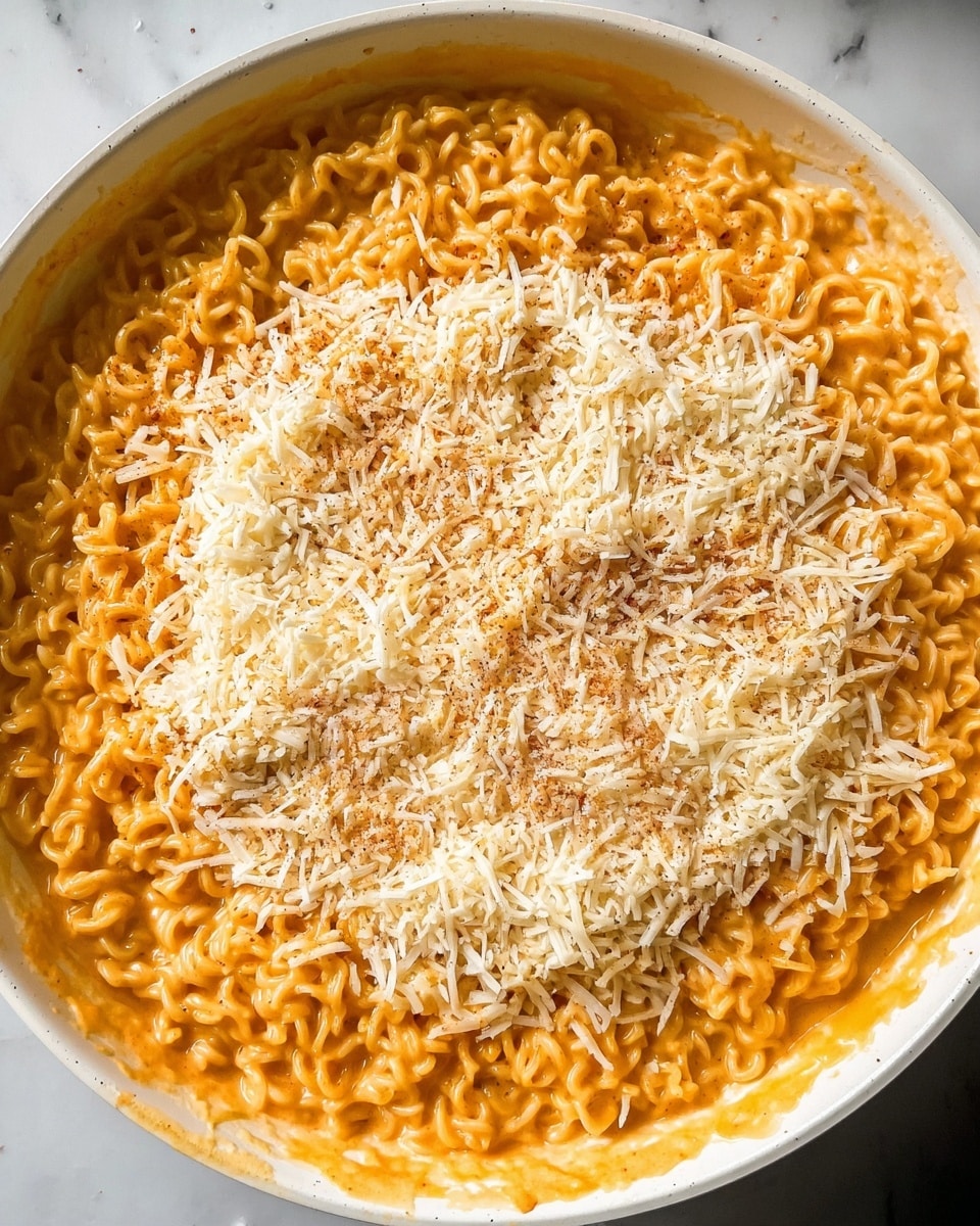 A round white pan filled with curly, orange pasta covered evenly with a layer of finely grated white cheese on top. The pasta has a creamy, smooth texture with some sauce visible along the edges of the pan. The background is a white marbled surface. photo taken with an iphone --ar 4:5 --v 7