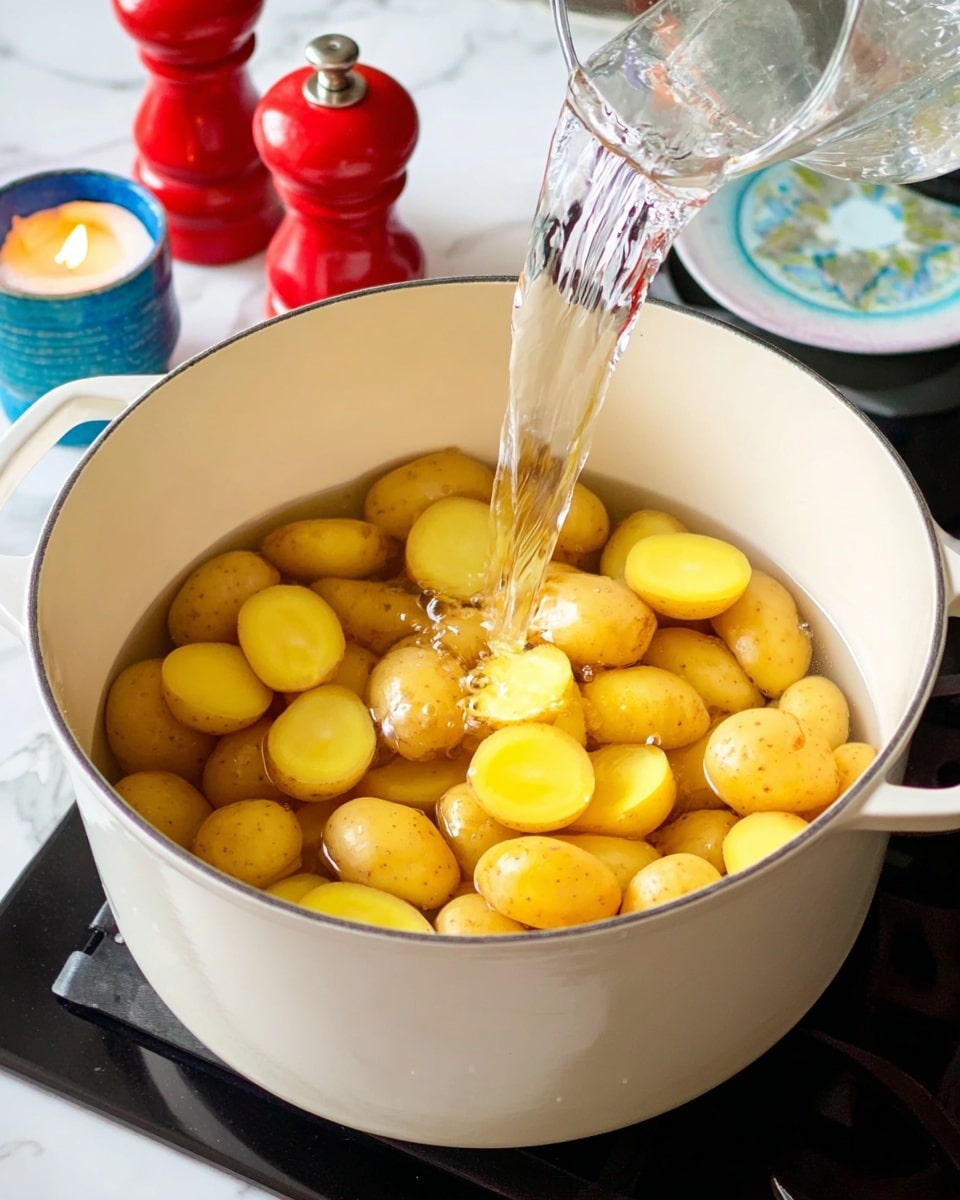 A white pot is filled with about two layers of small yellow potatoes, each cut in half showing their smooth yellow inside and light brown skin. Clear water is being poured into the pot from above, creating ripples and reflections as it flows down over the potatoes. The pot sits on a black stove, and nearby are two red salt and pepper shakers and a lit small yellow candle on a blue plate. The whole scene is set on a white marbled surface photo taken with an iphone --ar 4:5 --v 7