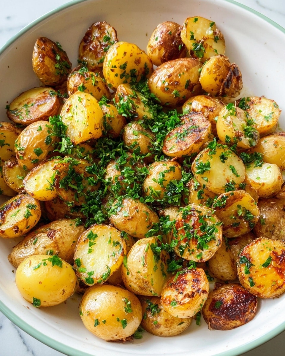 The image shows a white bowl filled with small golden brown roasted potato halves and whole baby potatoes. The potatoes have a slightly crispy texture with some darker brown spots from roasting. They are scattered with fresh green chopped herbs, mainly parsley, which adds a fresh and colorful contrast to the warm yellow and brown tones of the potatoes. The bowl sits on a white marbled surface. photo taken with an iphone --ar 4:5 --v 7