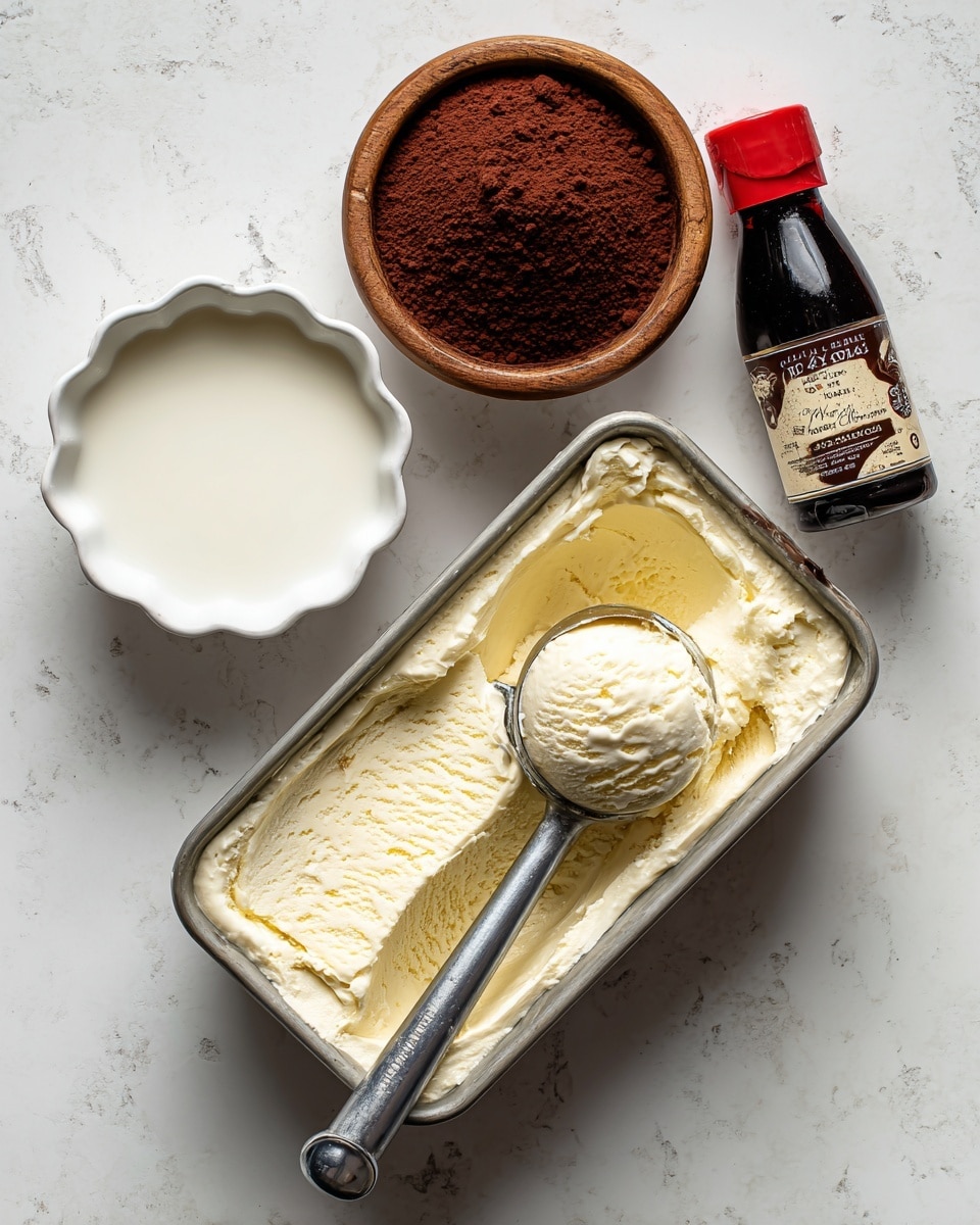 The image shows a top view of four items arranged on a white marbled surface. At the bottom center is a rectangular metal container filled with creamy, pale yellow ice cream, with a metal ice cream scooper resting inside, holding a scoop of the ice cream. Above it to the left is a small, white, scalloped bowl filled with heavy cream or whole milk, showing a smooth white liquid. To the top left is a round wooden bowl filled with dark brown cocoa powder, having a fine and powdery texture. At the top right, there is a black and red squeeze bottle of chocolate syrup, tilted slightly to the right with a visible label showing chocolate sauce dripping over ice cream. photo taken with an iphone --ar 4:5 --v 7