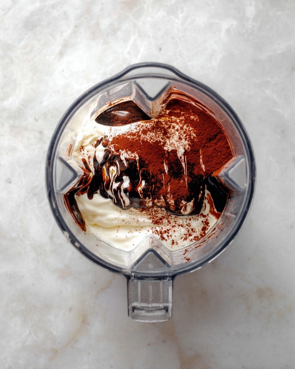 Inside a clear blender container, there are three main layers: a bottom layer of smooth white cream, a middle thick layer of dark chocolate syrup drizzled unevenly, and on top a generous dusting of reddish cocoa powder with a dry, powdery texture covering part of the creamy layer. The container is placed on a white marbled surface. Photo taken with an iphone --ar 4:5 --v 7