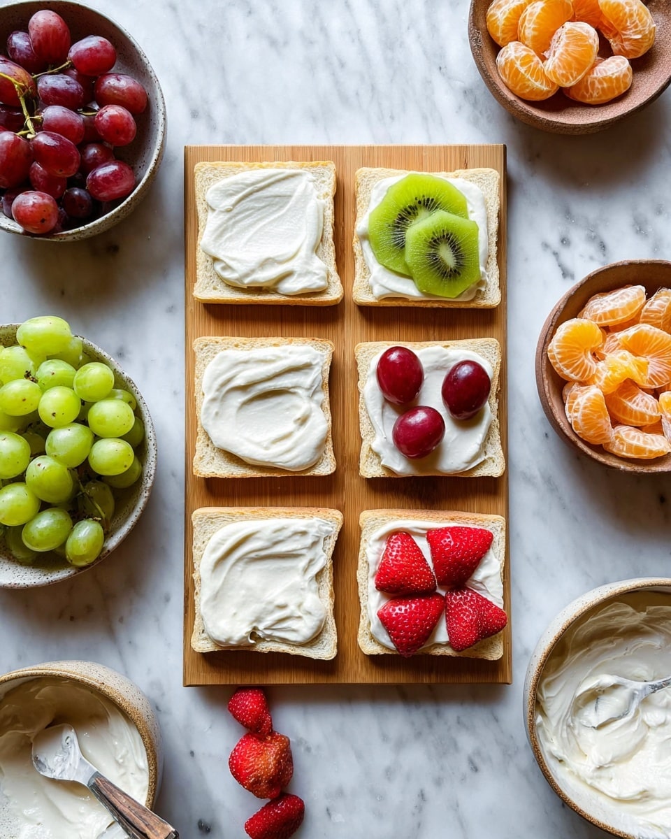Four square pieces of white bread lie on a wooden cutting board placed on a white marbled surface. Each bread slice has a thick layer of white cream spread evenly. The top left slice is topped with a half peeled green fruit and two red grapes, one on each side. The bottom left slice is decorated with whole strawberries and three red grapes scattered on the cream. The other two slices only have the cream spread without fruit. Around the cutting board, there are small bowls: one with green grapes and red grapes, another with whole strawberries, and a third with two peeled green fruits. A small stack of white bread slices is placed in the top right corner. Additionally, there is a white bowl with a spoon holding creamy white spread and two peeled orange segments near the bottom left corner. Photo taken with an iphone --ar 4:5 --v 7
