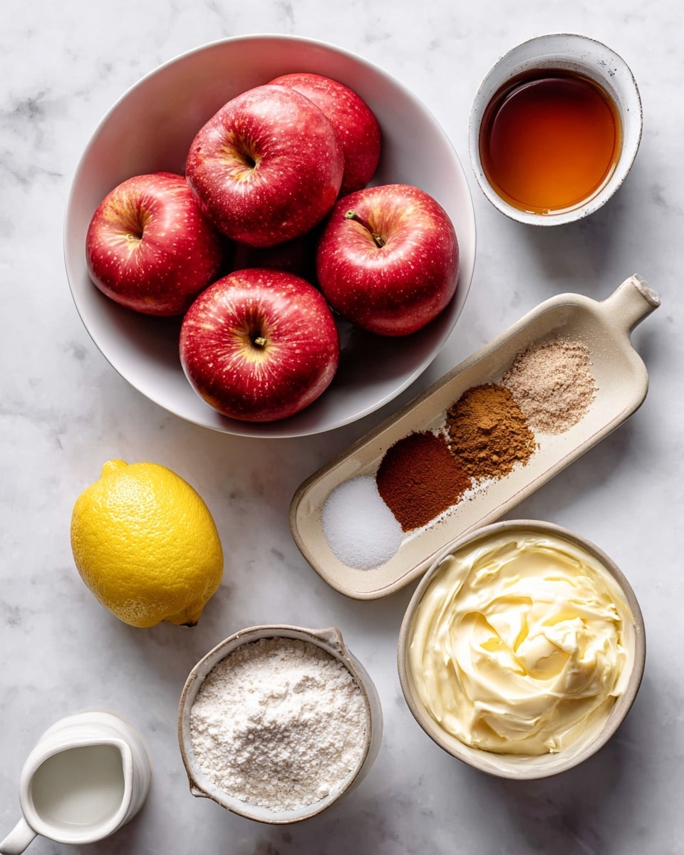 A white bowl filled with six shiny red apples sits in the lower left corner on a white marbled surface. Above the bowl, there is a small white bowl containing dark amber liquid with a smooth surface. To the right of that, half a yellow lemon with visible segments is placed directly on the white marbled surface. Next to the lemon on the right, a beige ceramic spoon-shaped dish holds three different spices in small piles: flaky white salt, dark brown cinnamon, and light brown nutmeg. Below the lemon, a small brown and white bowl contains two kinds of sugar—one side white granulated sugar and the other light brown sugar. To the right of that bowl is another small round container with creamy, pale yellow butter swirled smoothly on top. Below the spices dish, a small white pitcher holds white powder, likely flour, with a soft and fluffy texture. The entire setup contrasts against a white marbled texture background. Photo taken with an iphone --ar 4:5 --v 7