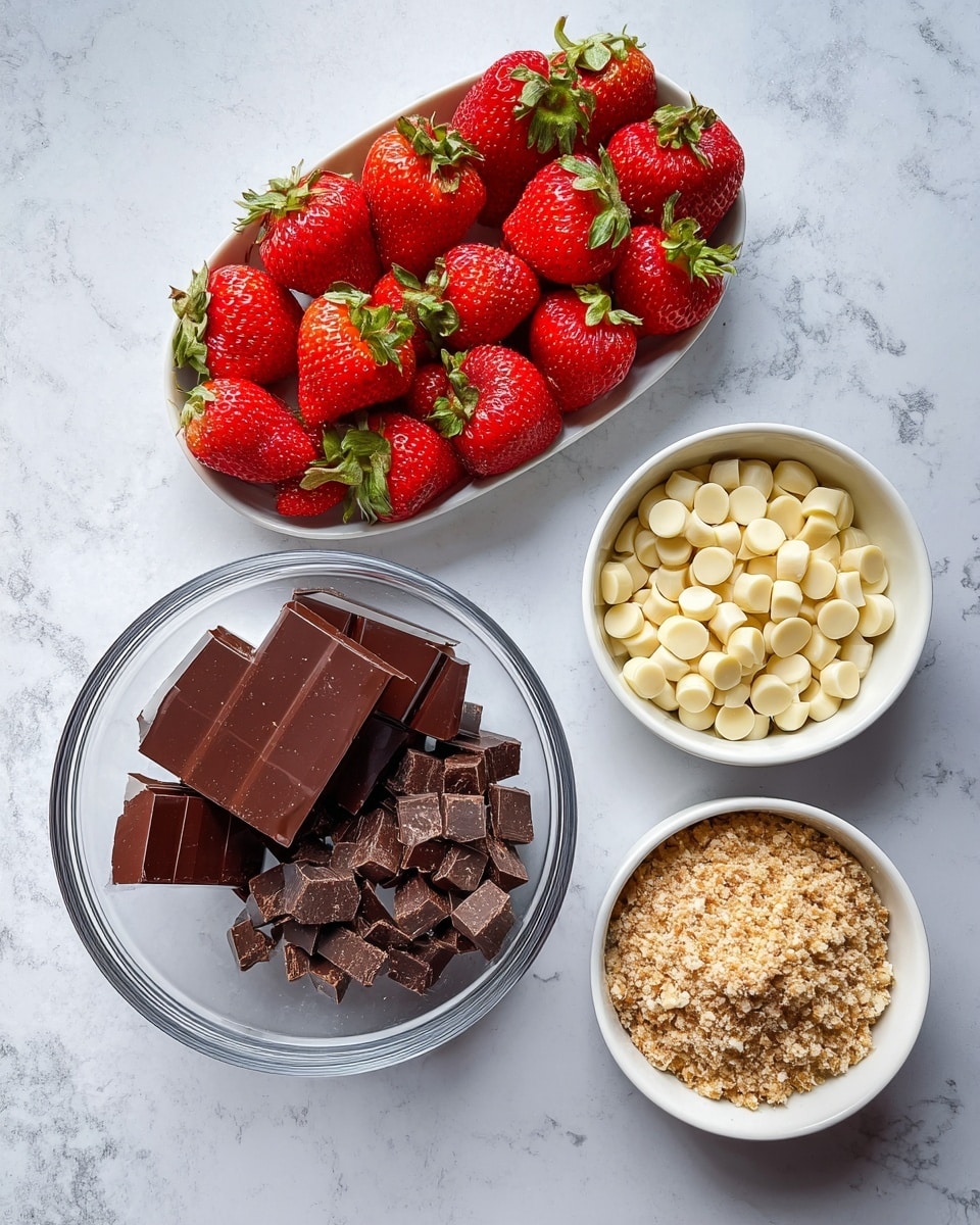 The image shows four containers on a white marbled surface, each with different ingredients. At the bottom, a clear glass bowl holds two types of chocolate: large dark chocolate blocks and small dark chocolate cubes. To the left, an oval white plate is full of fresh, ripe red strawberries with green leaves. At the top right, a white bowl contains many pale yellow chocolate buttons. Below it, another small white bowl is filled with light brown crushed nuts or crumbs, showing a coarse texture. The arrangement is neat and bright, giving a fresh and sweet feel. photo taken with an iphone --ar 4:5 --v 7