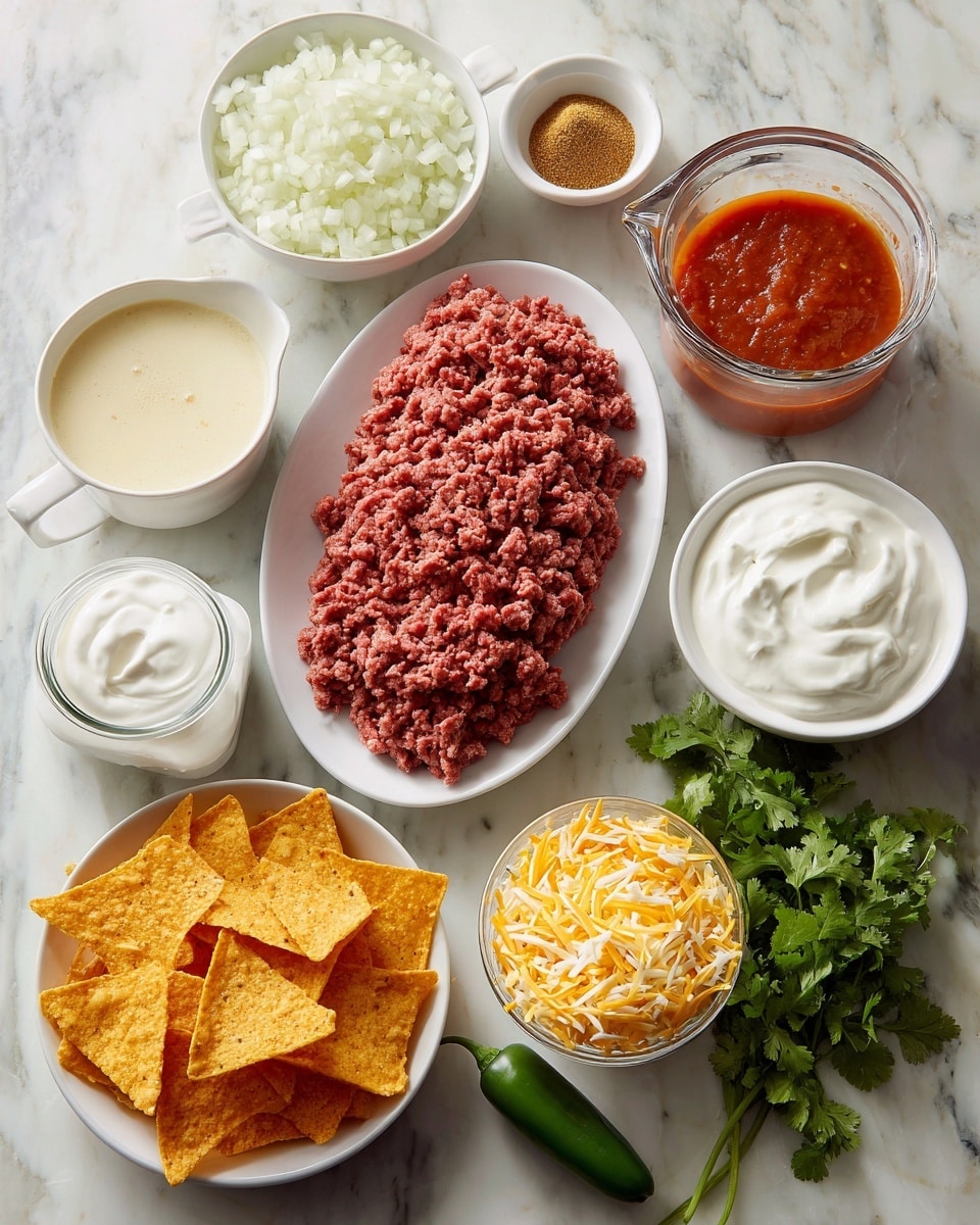 A bright image shows various cooking ingredients on a white marbled surface. In the center, there is a single layer of red ground beef on a white oval plate. Above it, there are three small containers: at the top left, a white bowl with finely chopped white onion; at the top center, a small brown bowl of light brown taco seasoning powder; at the top right, a white two-handled bowl filled with bright red salsa. Below the salsa, a clear glass measuring cup holds thick white sour cream. To the left of the ground beef, a white measuring cup contains light cream of chicken soup with a smooth texture. Below the soup, a white oval bowl is filled with bright orange triangular nacho cheese Doritos chips stacked loosely. Next to the chips, a round plate has a mix of shredded yellow and white cheese spread evenly. On the right side, a dark green jalapeno pepper lies near a bunch of fresh green cilantro leaves with thin stems. photo taken with an iphone --ar 4:5 --v 7