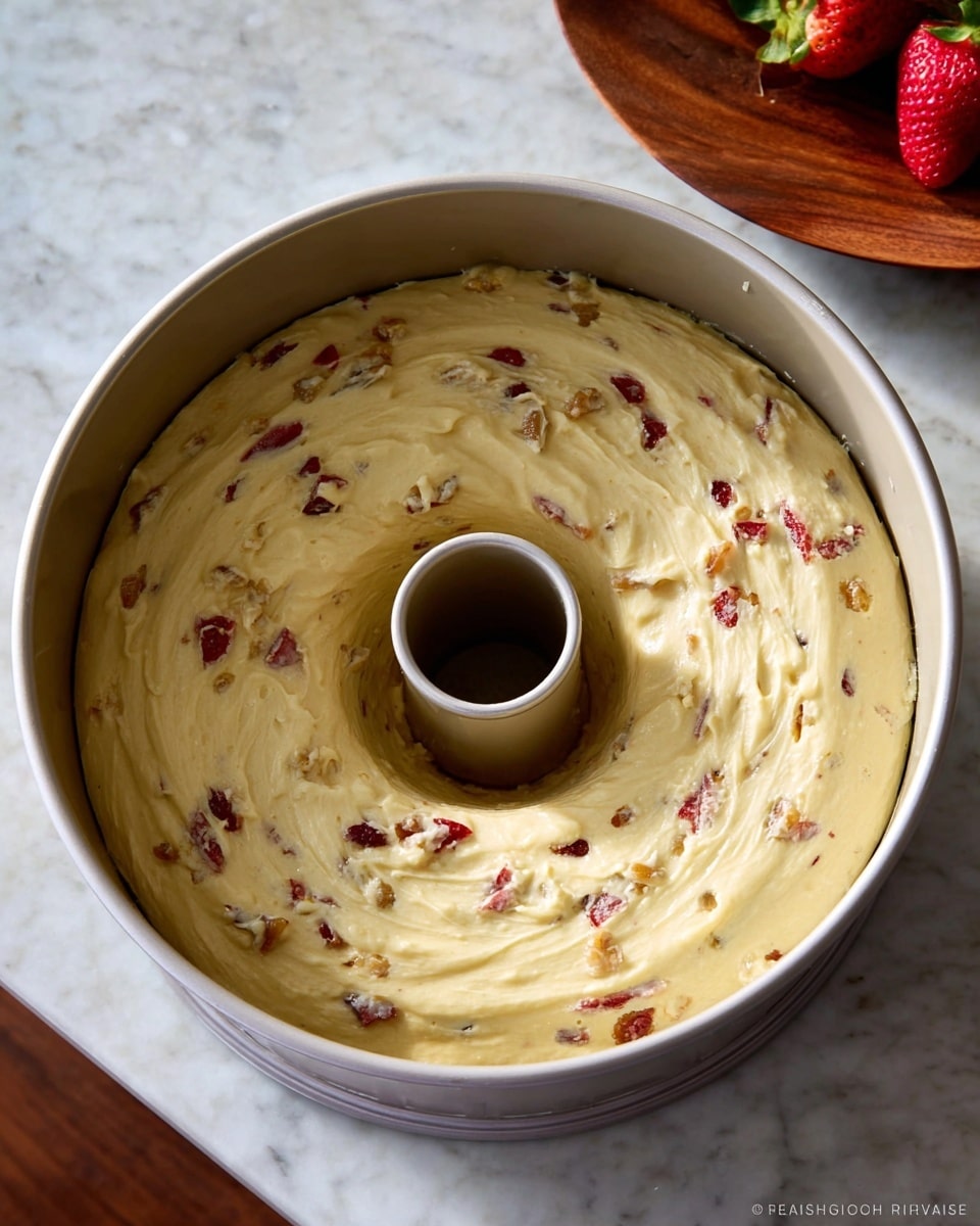 A thick pale yellow batter with small pieces of red and brown fruit mixed in fills a round white bundt pan. The batter is spread evenly in one layer with smooth swirls on the surface around the central hole of the pan. The pan sits on a white marbled surface, and a wooden plate with a red strawberry is partially visible at the top right corner of the image. photo taken with an iphone --ar 4:5 --v 7
