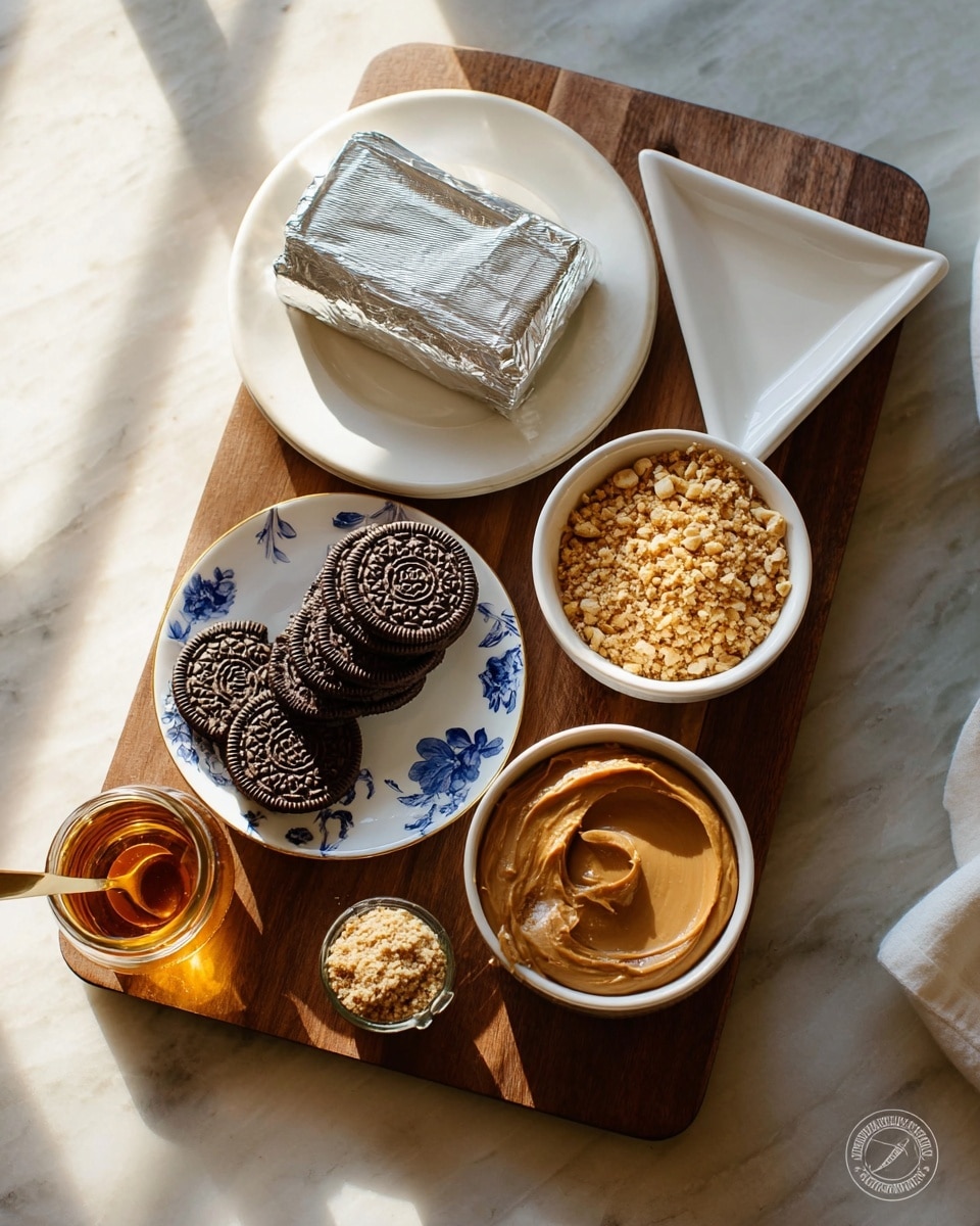 The image shows a wooden board with six different ingredients placed on it against a white marbled surface. On the top left, there is a white plate holding a block of cream cheese wrapped in white paper with blue text. To the right of it, a white sugar container with a triangular opening is positioned at the board's top right. Below these, a white fluted bowl filled with white granulated sugar is placed on the right side. In the middle left, a small white bowl contains crushed peanuts with a light brown, rough texture. Next to it, a small clear glass bowl holds a dark amber liquid, likely vanilla extract. On the bottom left of the board, a patterned blue and white plate is filled with neat rows of round, dark chocolate sandwich cookies. Lastly, to the right side of the cookies, a white bowl with red stripes has smooth, creamy peanut butter with some swirled texture. Photo taken with an iphone --ar 4:5 --v 7