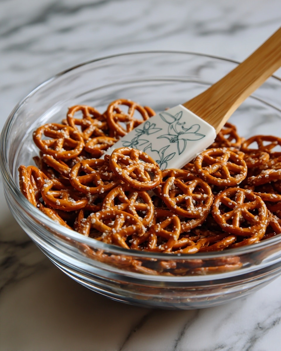 A clear glass bowl filled with small, round pretzels that have a lattice pattern. The pretzels are a golden brown color, some with a light dusting of white powder. A spatula with a wooden handle and a white silicone head with blue designs rests inside the bowl on top of the pretzels. The bowl is placed on a white marbled surface. photo taken with an iphone --ar 4:5 --v 7