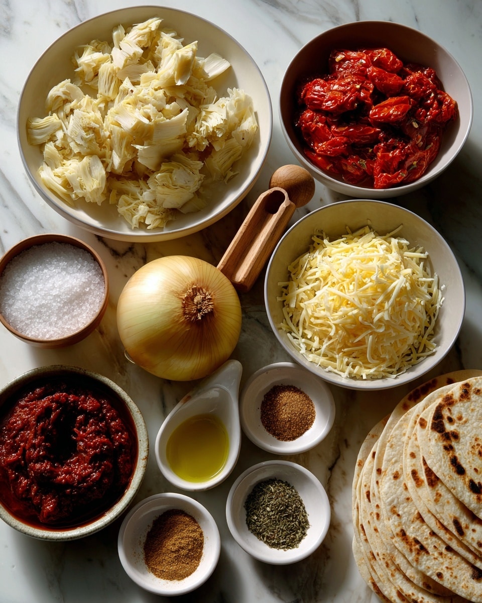 The image shows a flat lay of cooking ingredients arranged on a white marbled surface. At the top left, a white bowl holds pale, chunky pieces of jackfruit with a textured surface. To the right, another white bowl contains deep red fire roasted tomatoes, showing a moist, chunky texture. Below the jackfruit, a small wooden-handled scoop is filled with coarse white salt. In the center of the frame sits a whole yellow onion with smooth, papery skin. To the right, a white bowl is filled with a mix of shredded yellow and white cheese. Near the center bottom, a small fluted white cup holds golden olive oil. Next to it, three small piles of spices—light beige garlic powder, brown cumin, and greenish oregano—are set on the surface. At the bottom left, a small white bowl contains dark red chipotles in adobo sauce, glossy and textured. Completing the layout, a neat stack of white tortillas with brown spots lies at the bottom right. Photo taken with an iphone --ar 4:5 --v 7