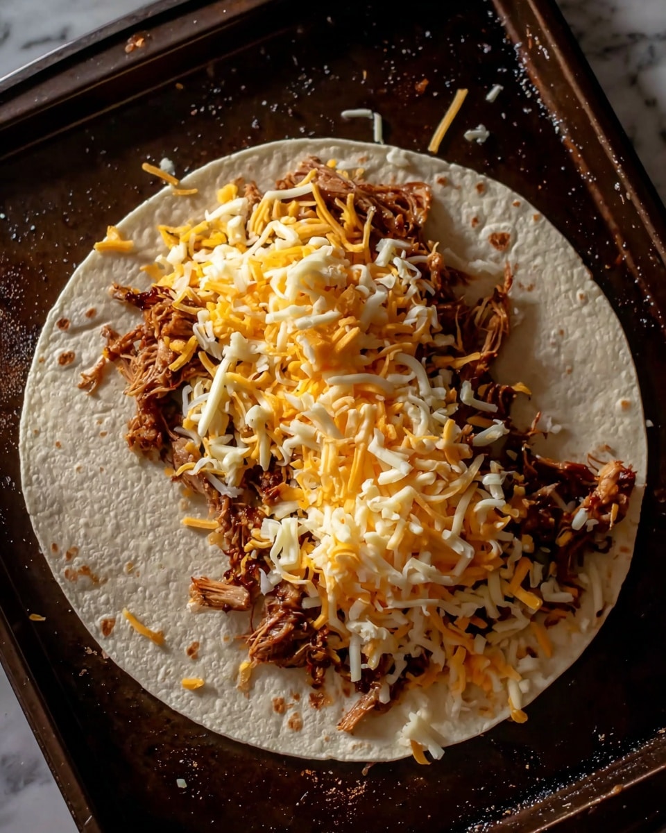 A round, soft tortilla lays flat with the left half empty and the right half covered by a mix of shredded orange and white cheese on top of pulled shredded meat that is dark brown in color with some crispy edges. The tortilla rests on a dark baking tray with some spots and marks visible. The texture of the cheese is fine and curly, loosely scattered over the meat. The background is a white marbled texture. photo taken with an iphone --ar 4:5 --v 7