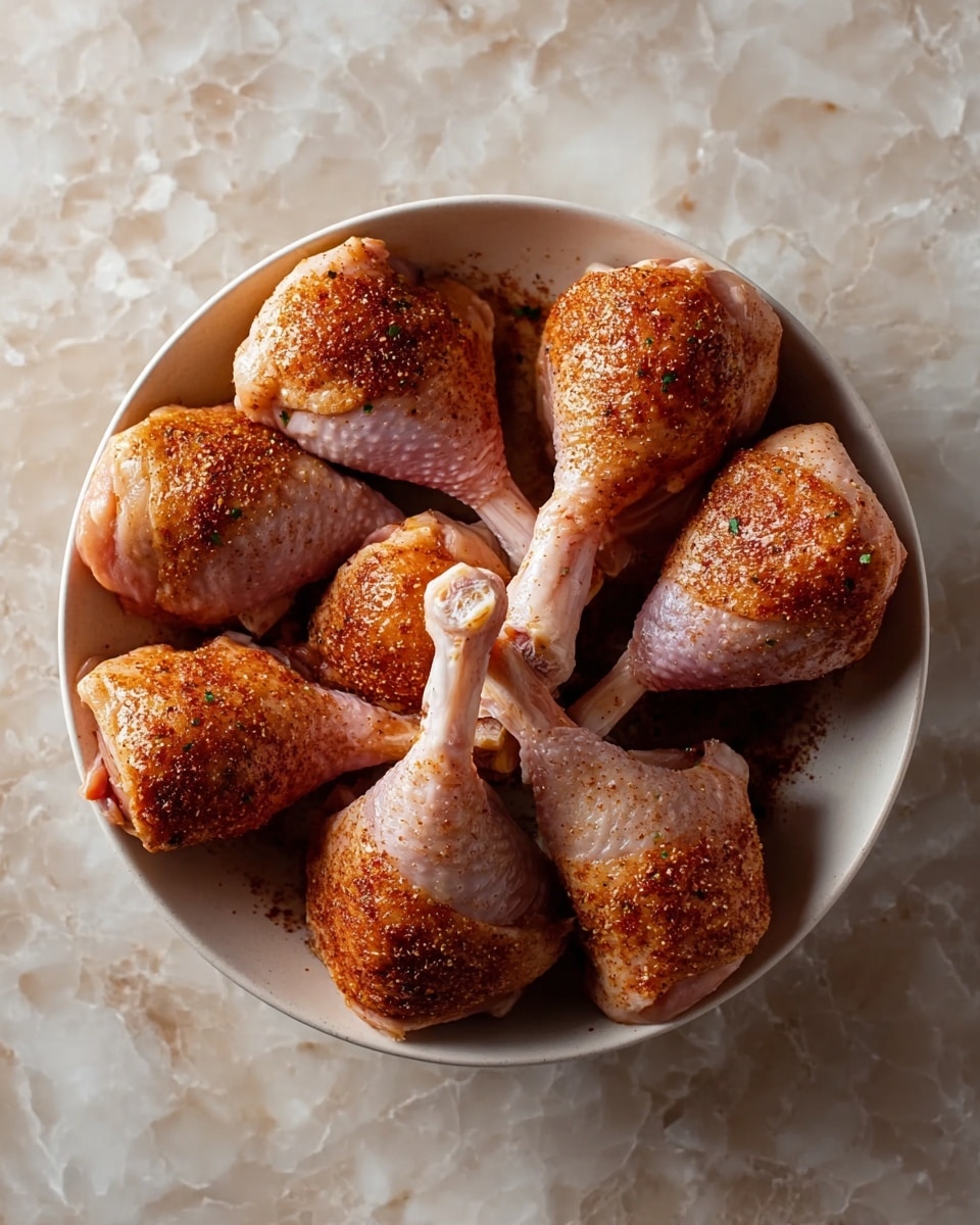 A round white bowl filled with eight raw chicken legs arranged in a circular pattern, each leg showing a smooth light pink skin covered with a layer of dark reddish-brown seasoning, with the exposed bones sticking outwards from the center. The bowl sits on a white marbled surface that adds a slight texture background. photo taken with an iphone --ar 4:5 --v 7