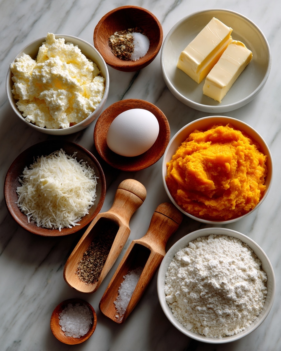 The image shows a top view of several small round white bowls and two wooden salt scoops on a white marbled surface. On the left side, from top to bottom, there is a white bowl filled with creamy ricotta, a white egg, a small white bowl with grated parmesan, two wooden scoops of salt and nutmeg, and a white bowl filled with bright orange pumpkin puree. On the right side, there is a white bowl of water at the top, a small white bowl with two chunks of butter on the upper right, a wooden scoop of salt below the water bowl, and a large white bowl filled with white flour at the bottom. The arrangement is neat and well spaced. photo taken with an iphone --ar 4:5 --v 7