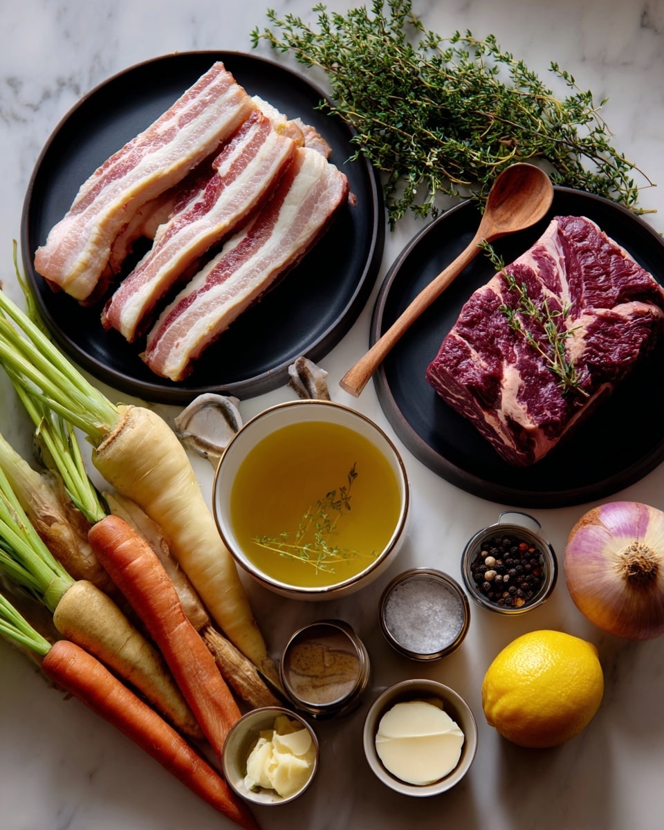 The image shows several raw ingredients arranged neatly on a white marbled surface. On the left, a black plate holds three large strips of bacon, with visible white fat and pinkish meat. Next to it, another black plate carries a thick raw beef piece with marbled fat and deep red color. An off-white bowl near the bottom left is filled with clear golden chicken broth. Two whole carrots with bright orange skin lay next to two pale yellow parsnips. Near the center, a round purple and cream turnip sits next to a small bunch of green thyme sprigs. A whole small yellow lemon is placed near the bottom. Small white ramekins hold pale butter and thick white heavy cream. A small metal spice holder contains bay leaves and dark round allspice berries. A small metal teaspoon contains salt, and another holds vegetable oil. A whole light brown onion and a woman’s hand brown wooden spoon are also visible in the scene. photo taken with an iphone --ar 4:5 --v 7