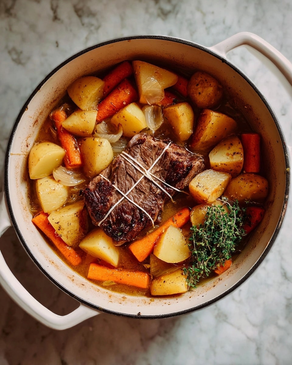 A white round pot with two handles contains a cooked dish showing one large piece of dark brown meat tied with white string placed near the center, surrounded by large chunks of golden potatoes, bright orange carrots, and translucent cooked onions. There is a small bunch of fresh green thyme resting on the top right edge of the pot. The ingredients are sitting in a light brown broth, and the pot is placed on a white marbled surface. photo taken with an iphone --ar 4:5 --v 7