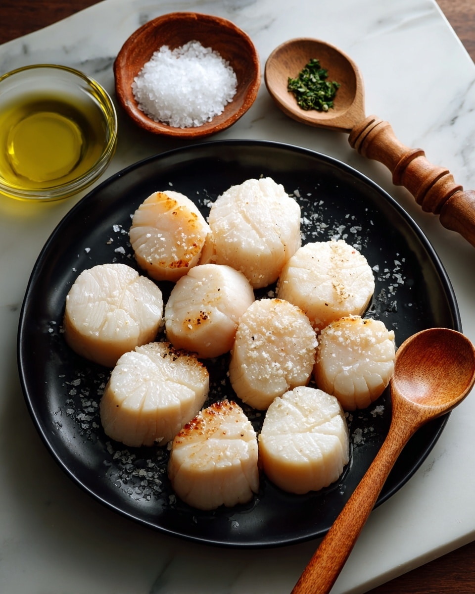 A black plate holds thirteen sea scallops arranged in a slightly irregular circle, each scallop smooth and pale cream in color with slight texture lines. Above the plate, there is a small measuring spoon with a wooden handle filled with coarse white kosher salt. Below the plate, another small measuring spoon with a wooden handle contains golden vegetable oil. The entire setup sits on a white marbled surface. photo taken with an iphone --ar 4:5 --v 7