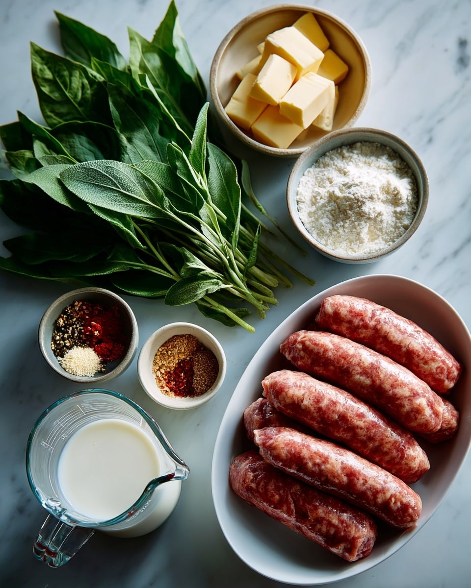 The image shows six ingredients arranged on a white marbled surface. On the right, there is a white oval bowl filled with several raw breakfast sausages, which are pinkish-red with a smooth texture. Above the bowl, a small round bowl contains pale yellow cubes of butter. Next to the butter bowl, another bowl holds white flour with a slightly uneven surface. Below the butter, fresh green herbs with broad leaves create a natural cluster. Beneath the herbs, a small bowl contains a mix of colorful spices, including white, red, and brown tones, arranged in sections. Finally, at the bottom left, a clear glass measuring cup is filled with whole milk, showing a smooth white liquid. photo taken with an iphone --ar 4:5 --v 7
