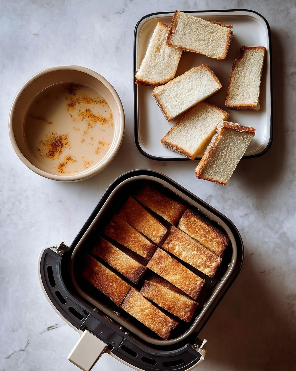 The image shows three main parts arranged on a white marbled surface: on the top right, a white square plate with black edges holds seven slices of plain white bread stacked and scattered. To the left, a beige bowl contains a light brown liquid with darker swirls on its surface, likely a mixture or batter. At the bottom center, an air fryer basket with a white handle contains nine rectangular slices of toasted bread, arranged neatly in rows, showing a brown and crispy texture. Photo taken with an iphone --ar 4:5 --v 7