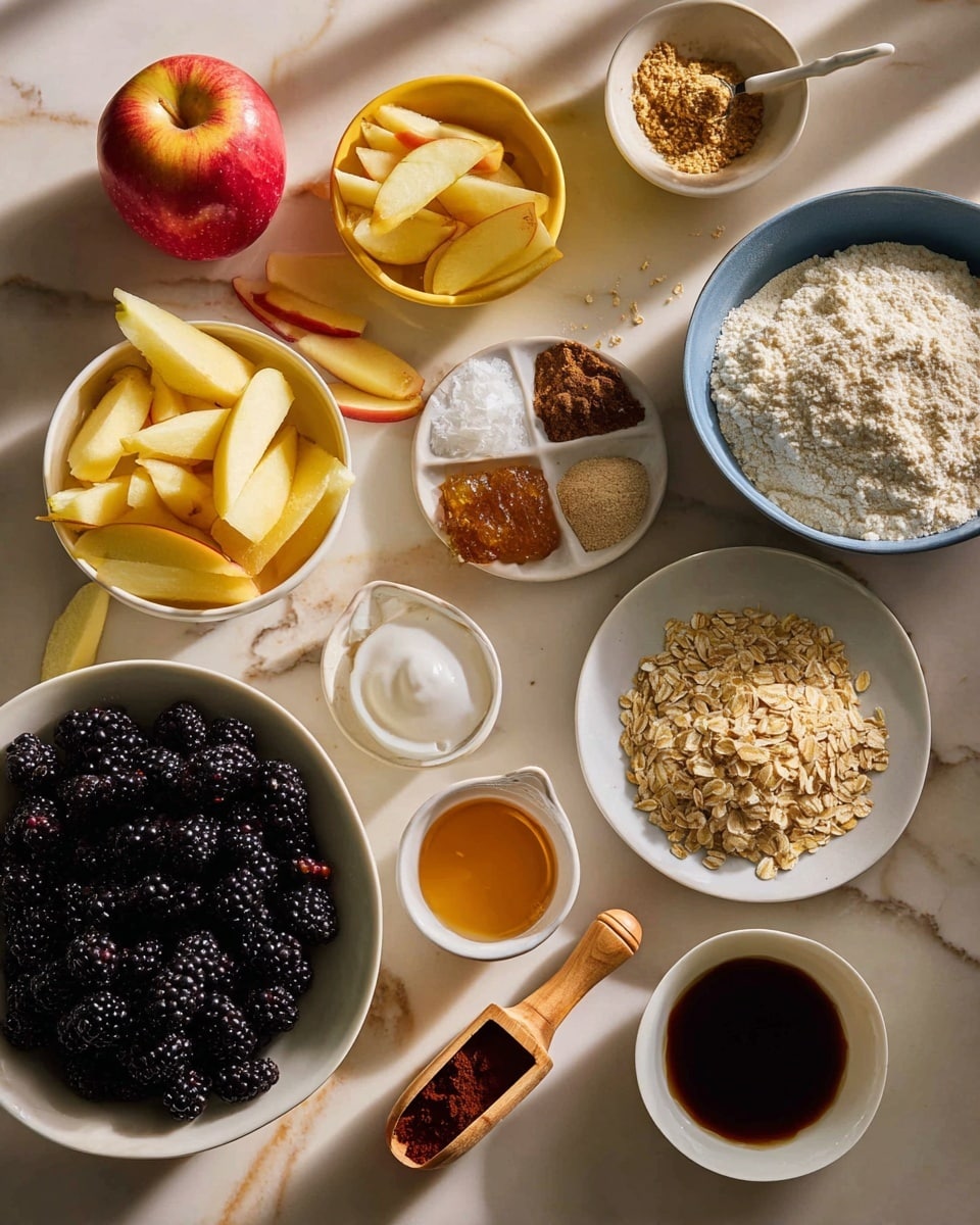A top-down view shows various baking ingredients arranged neatly on a white marbled surface. In the lower left, a white bowl is filled with light yellow apple slices next to a wooden peeler with red apple peels nearby. Moving clockwise, there is a small white bowl with amber syrup, a white plate holding piles of brown sugar, white powder, cinnamon, and a white measuring spoon. Above this, a yellow bowl is filled with pale oat flakes, beside it a small white bowl of white coconut oil, and a whole yellow-red apple. In the center, a larger white bowl contains shiny blackberries, with several loose berries scattered around. To the left is a white bowl with flour, above which is a blue bowl filled with pale almond flour, and to the top left a white bowl holds brown sugar and a pinch of white salt. Two small white bowls contain dark vanilla extract and golden liquid. The soft lighting highlights the natural colors and textures of each ingredient, creating an inviting food prep scene photo taken with an iphone --ar 4:5 --v 7