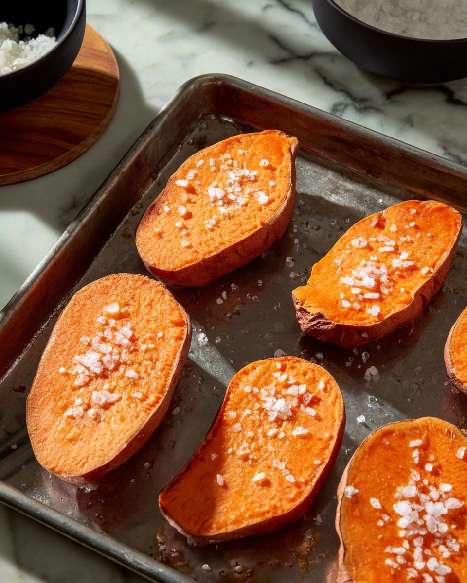 Six thick slices of bright orange sweet potato are laid out on a metal baking tray, each sprinkled with coarse white salt crystals. The sweet potato slices show a smooth texture on the cut side and have a darker brown skin edge visible on one side. The baking tray sits on a surface with a white marbled texture that adds subtle light reflections. In the top left corner, part of a black bowl with white contents is visible on a wooden coaster. The light in the image is natural, casting soft shadows around the tray. Photo taken with an iphone --ar 4:5 --v 7