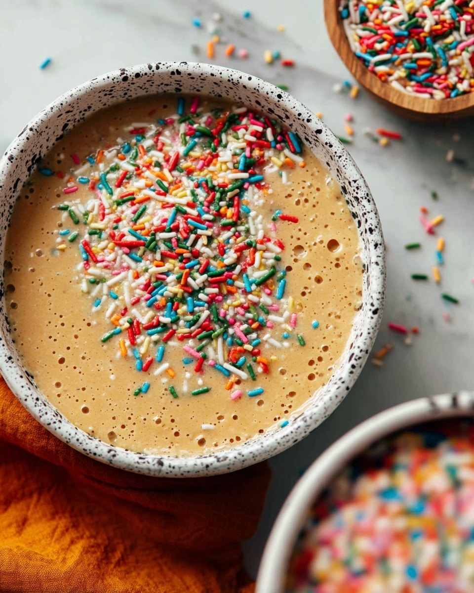 A close-up view of a white bowl with black speckles filled with light brown batter that has small air bubbles on its surface. On top in the center, there is a pile of colorful sprinkles in shades of red, blue, green, yellow, white, and pink. A blurred view of another bowl filled with more sprinkles is seen at the bottom right edge of the image. The bowl is placed on a white marbled surface with scattered sprinkles around it. An orange cloth is partially visible at the bottom left corner. photo taken with an iphone --ar 4:5 --v 7