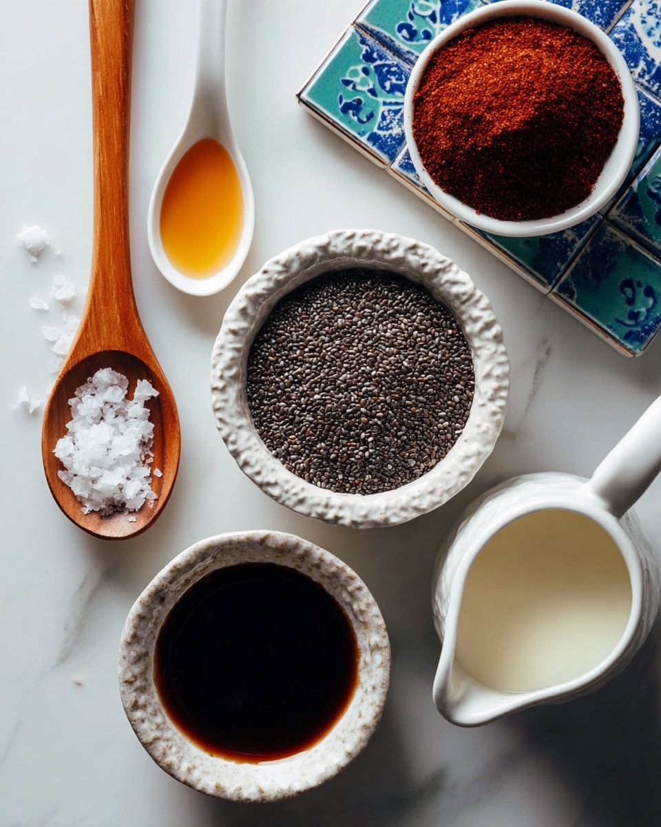 This image shows a top view of several small bowls and spoons on a white marbled surface. In the middle, there is a textured white bowl filled with many small black chia seeds. Below it, a similar bowl holds a dark liquid that looks like soy sauce or a dark syrup. To the left, there is a wooden spoon with white salt flakes and next to it a white spoon with a small amount of amber liquid. Above, a white bowl is filled with a solid dark reddish powder, placed on a blue and white patterned tile. On the right side, there is a white small pitcher filled with milk or cream. All items are arranged neatly with clear, simple textures and colors. Photo taken with an iphone --ar 4:5 --v 7