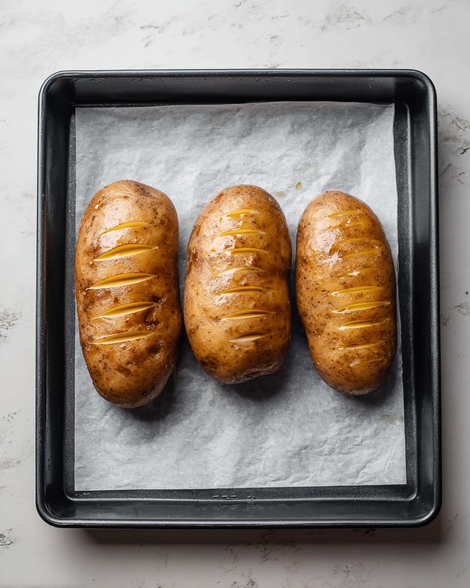 Three whole potatoes with smooth brown skin, each drizzled with oil, are placed side by side on a sheet of white parchment paper. The potatoes have shallow horizontal cuts along their length. They are arranged in a black baking tray that sits on a white marbled surface. The light shines on the glossy oil coating, making the potatoes look shiny and ready to bake photo taken with an iphone --ar 4:5 --v 7