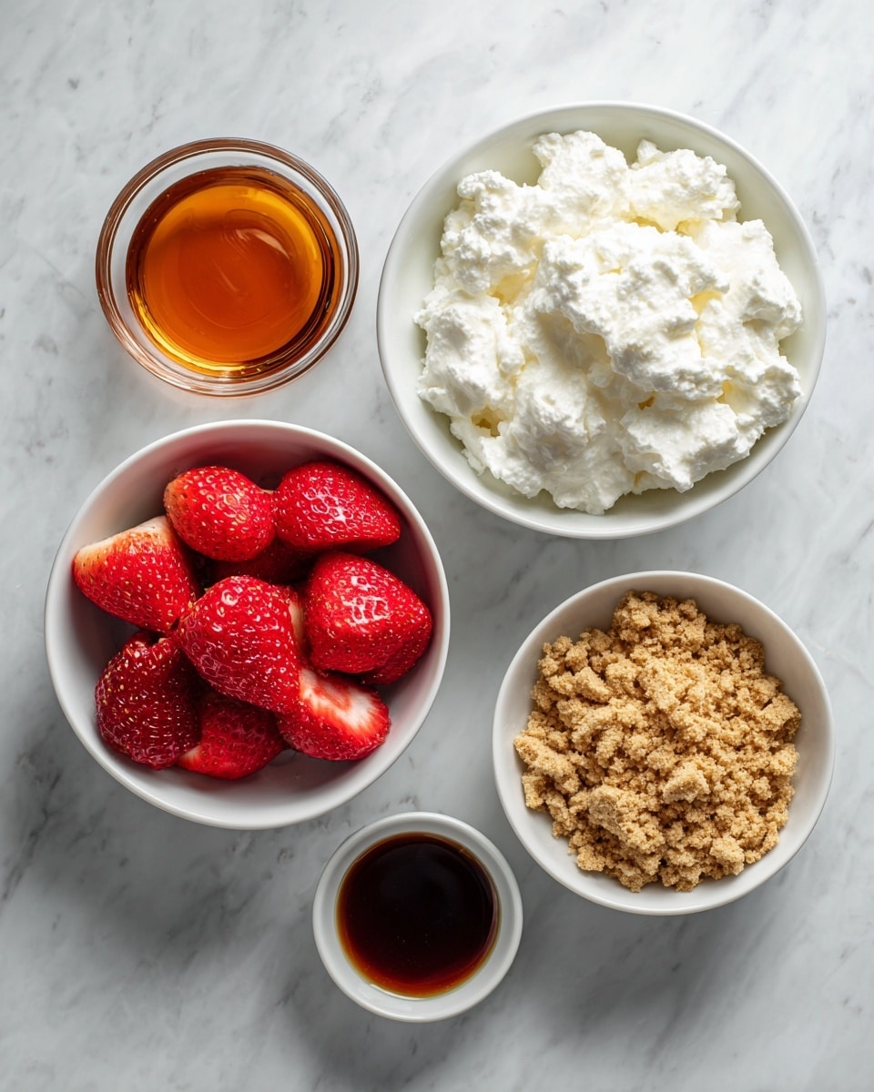 The image shows five white bowls on a white marbled surface, each filled with different ingredients. The largest bowl contains creamy, white cottage cheese with a soft, bumpy texture. Another medium white bowl holds bright red, freshly cut strawberries with a juicy and smooth appearance. A smaller white bowl is filled with crumbled graham crackers, showing a golden brown, crumbly texture. There is a tiny white bowl containing dark brown vanilla extract with a smooth, liquid surface. Finally, a short, round glass cup is filled with amber-colored maple syrup that looks thick and shiny. photo taken with an iphone --ar 4:5 --v 7