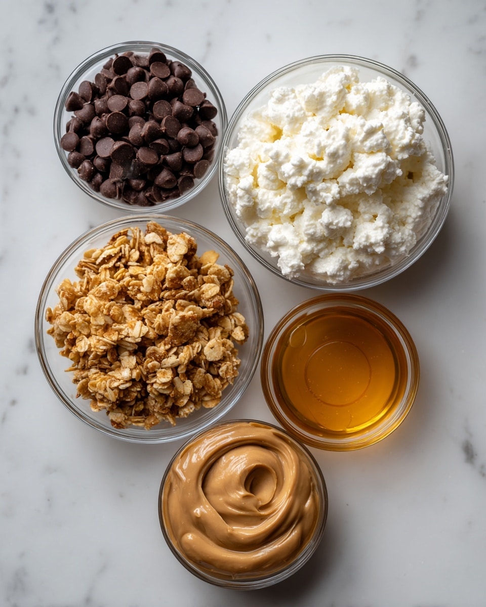 The image shows five clear round bowls on a white marbled surface. The biggest bowl at the center is filled with soft, white, lumpy cottage cheese. Above it, a smaller bowl holds dark brown, smooth chocolate chips that look shiny. To the left of the chocolate chips, another small bowl contains golden-brown granola with a mix of small and medium crunchy pieces. Below the cottage cheese bowl, there is a bowl with creamy, light brown peanut butter, smooth and thick, and next to it on the right, a bowl with clear, golden honey that looks sticky and shiny. Each bowl is neatly arranged with simple labels on top of each ingredient. Photo taken with an iphone --ar 4:5 --v 7
