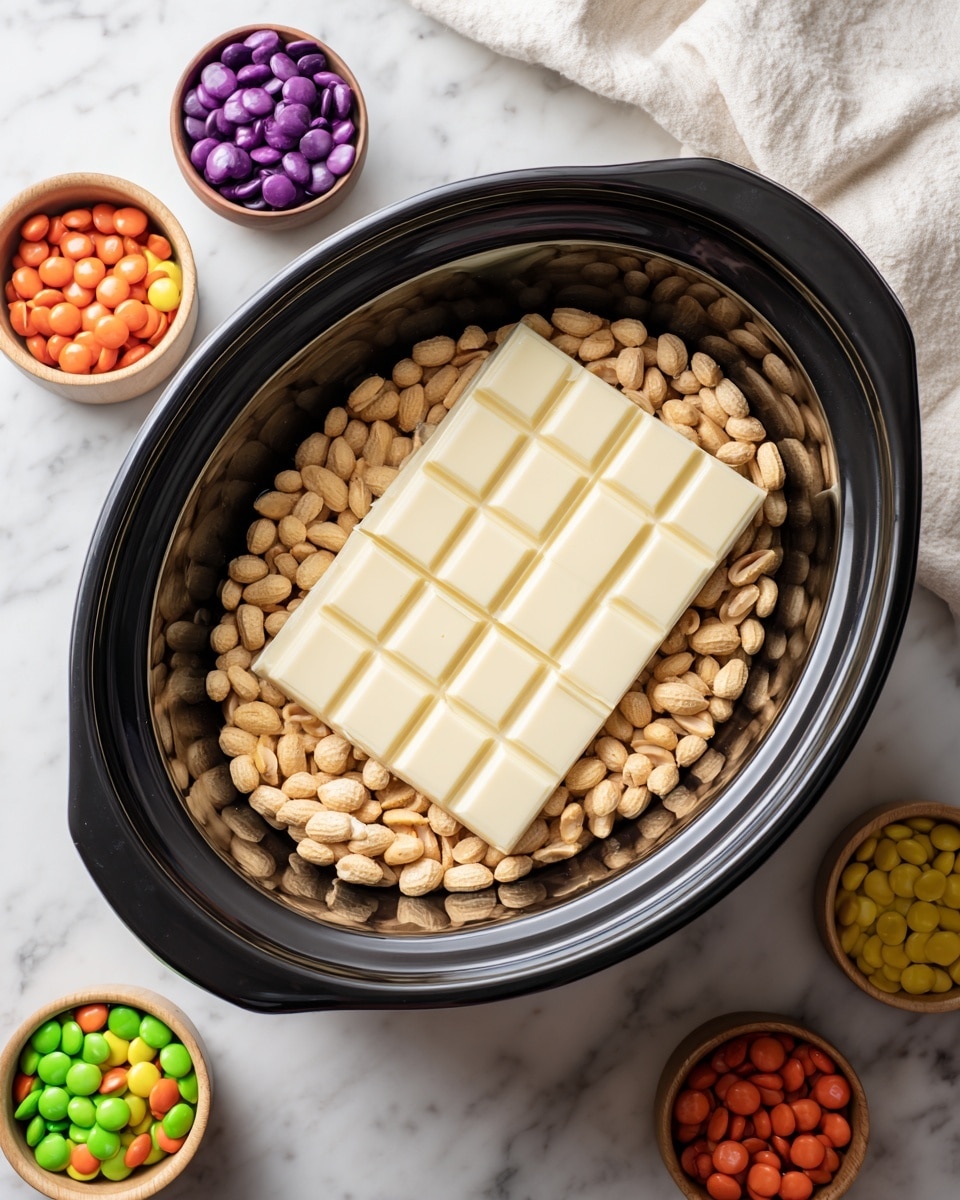 Inside a black slow cooker, there is one layer of roasted peanuts that fill the base with a golden brown color and rough texture. On top of the peanuts, a solid block of white chocolate is placed, divided into small square sections with smooth, creamy texture. Around the slow cooker, on a white marbled surface, there are small bowls of pink and red candy pieces, adding bright colors to the scene. A white cloth is visible in the top right corner. Photo taken with an iphone --ar 4:5 --v 7