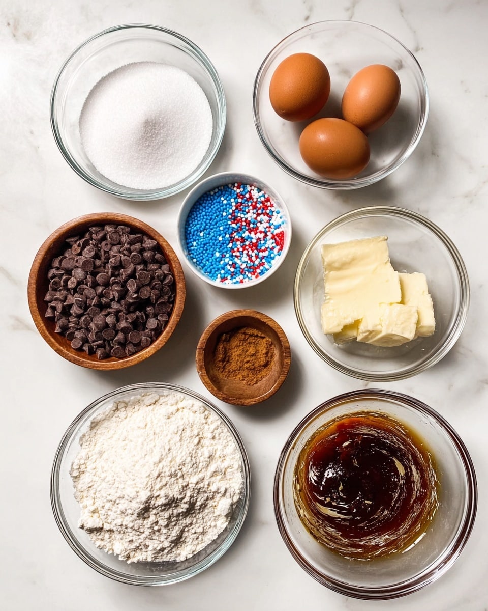 The image shows nine bowls and one white marbled surface with several baking ingredients arranged neatly. From top to bottom and left to right, the first bowl is a small clear glass bowl filled with white granulated sugar. Next is a clear bowl with two brown eggs. Another clear bowl holds dark brown chocolate chips. A small white bowl contains blue, white, and red round sprinkles. Below it, a small wooden bowl holds light brown cinnamon with a pinch of white salt on top. Another wooden bowl has dark brown molasses. In the middle, a clear bowl is filled with white flour. Another glass bowl contains brown sugar. To the right, a larger clear bowl holds wet ingredients, showing a mixture of melted butter with a darker liquid, possibly vanilla, swirling together. All bowls are placed on a white marbled surface. Photo taken with an iphone --ar 4:5 --v 7